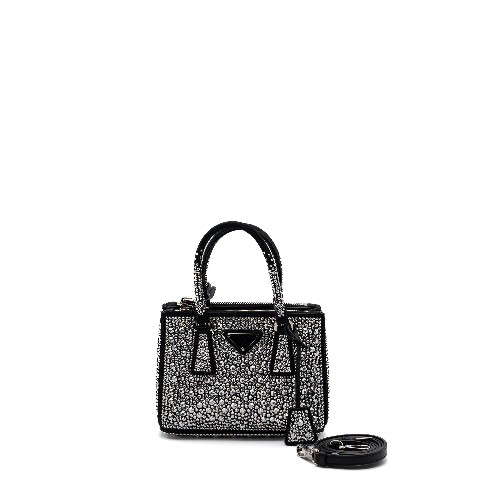 PRADA GALLERIA SATIN MINI BAG WITH CRYSTAL BLACK SHW