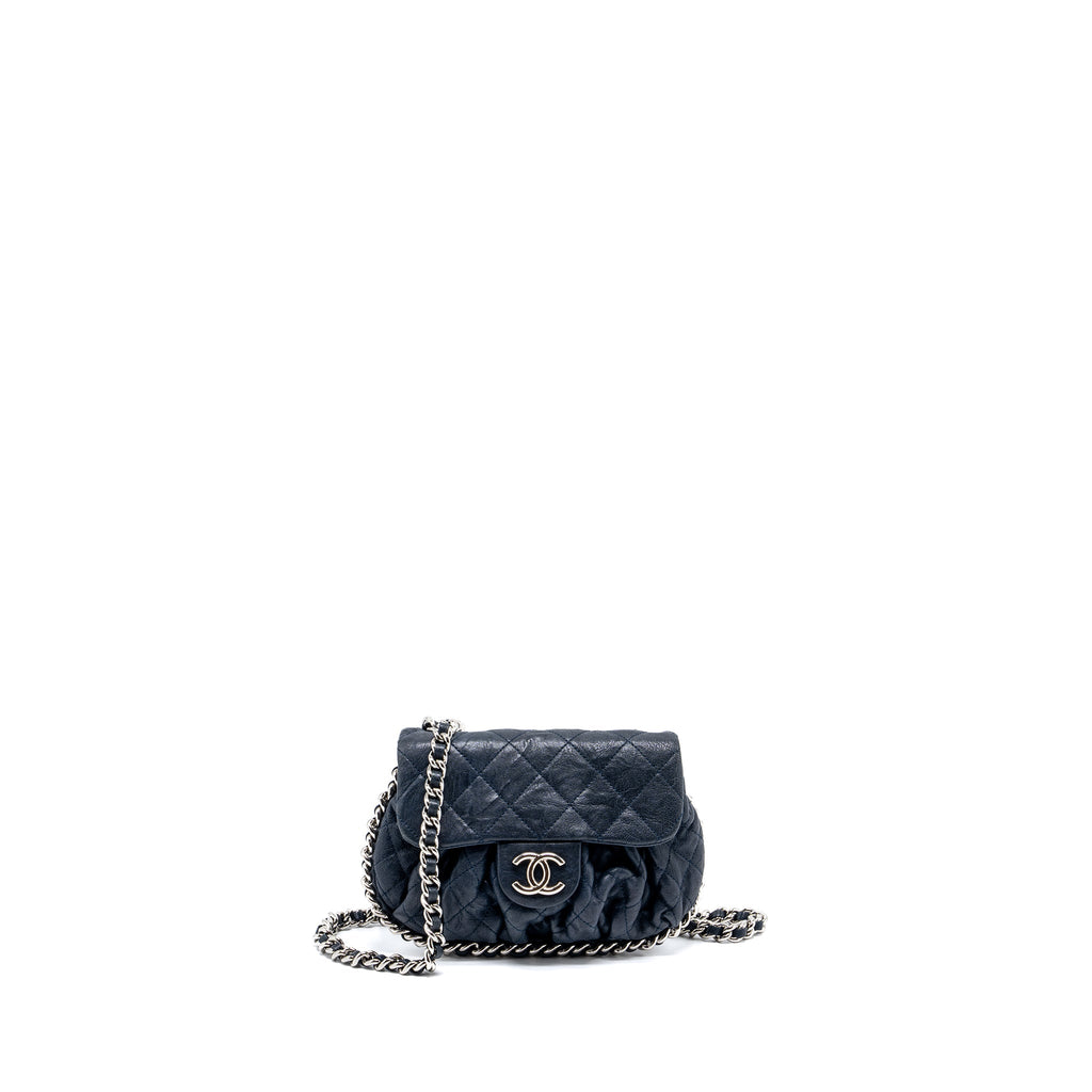 CHANEL MINI ROUND FLAP BAG WITH CHAIN AGED CALFSKIN NAVY SHW