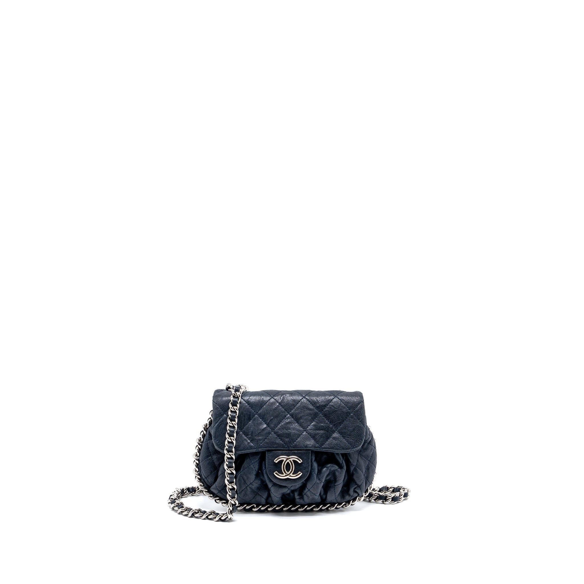 CHANEL MINI ROUND FLAP BAG WITH CHAIN AGED CALFSKIN NAVY SHW