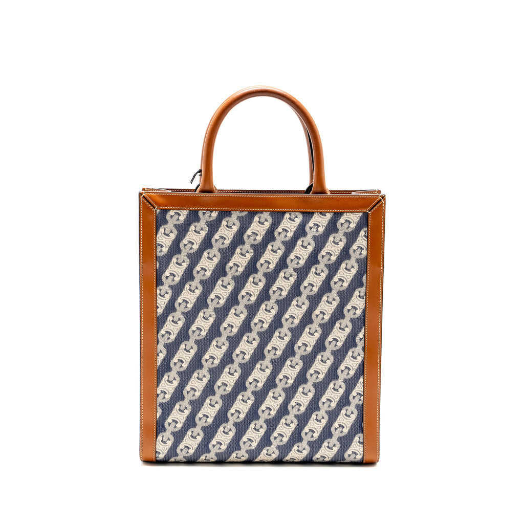 CELINE VERTICAL CABAS TOTE IN TRIOMPHE DENIM /LEATHER NAVY/TAN GHW