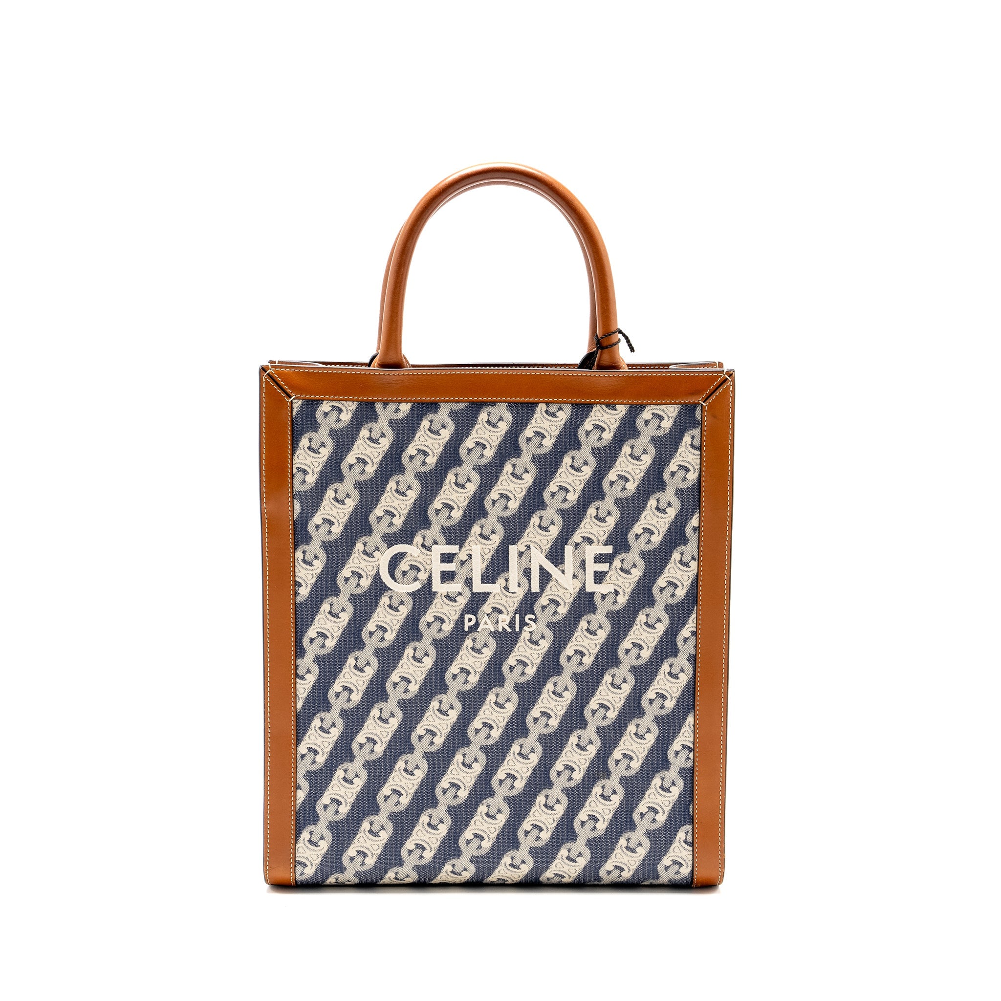 CELINE VERTICAL CABAS TOTE IN TRIOMPHE DENIM /LEATHER NAVY/TAN GHW