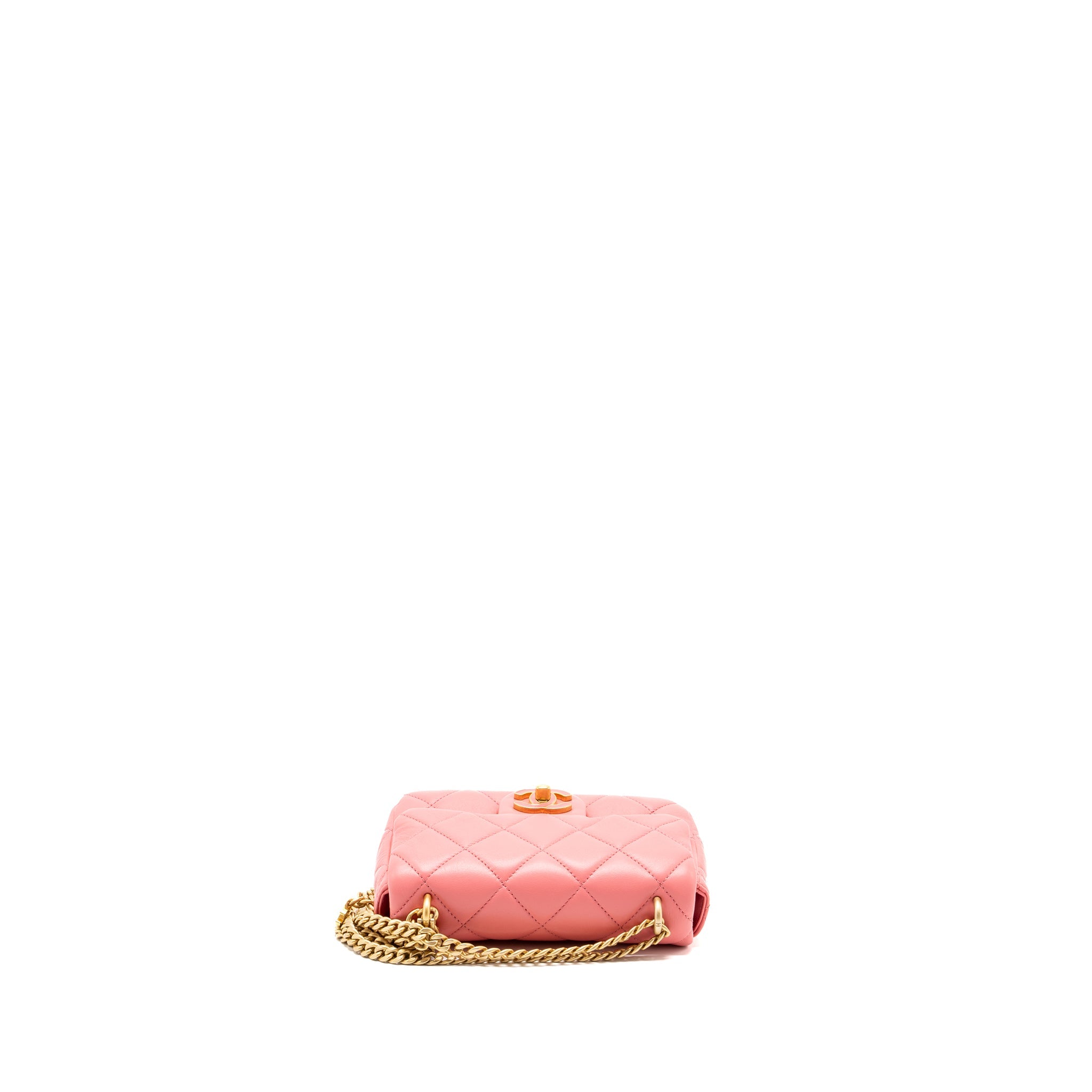 CHANEL 22P MINI SQUARE FLAP BAG LAMBSKIN PINK ENAMEL/GOLD HARDWARE(MICROCHIP)