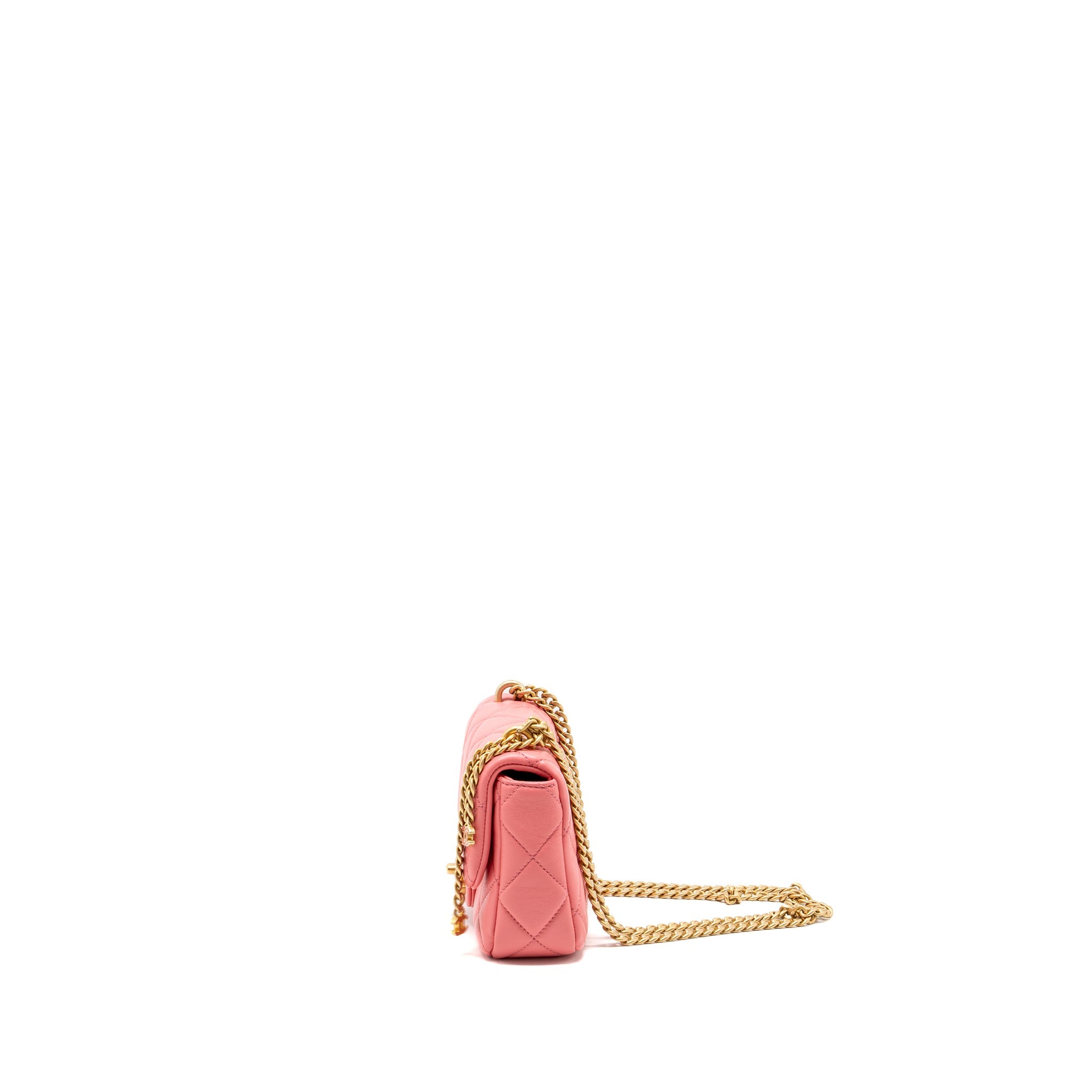 CHANEL 22P MINI SQUARE FLAP BAG LAMBSKIN PINK ENAMEL/GOLD HARDWARE(MICROCHIP)