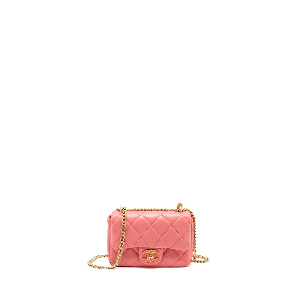 CHANEL 22P MINI SQUARE FLAP BAG LAMBSKIN PINK ENAMEL/GOLD HARDWARE(MICROCHIP)