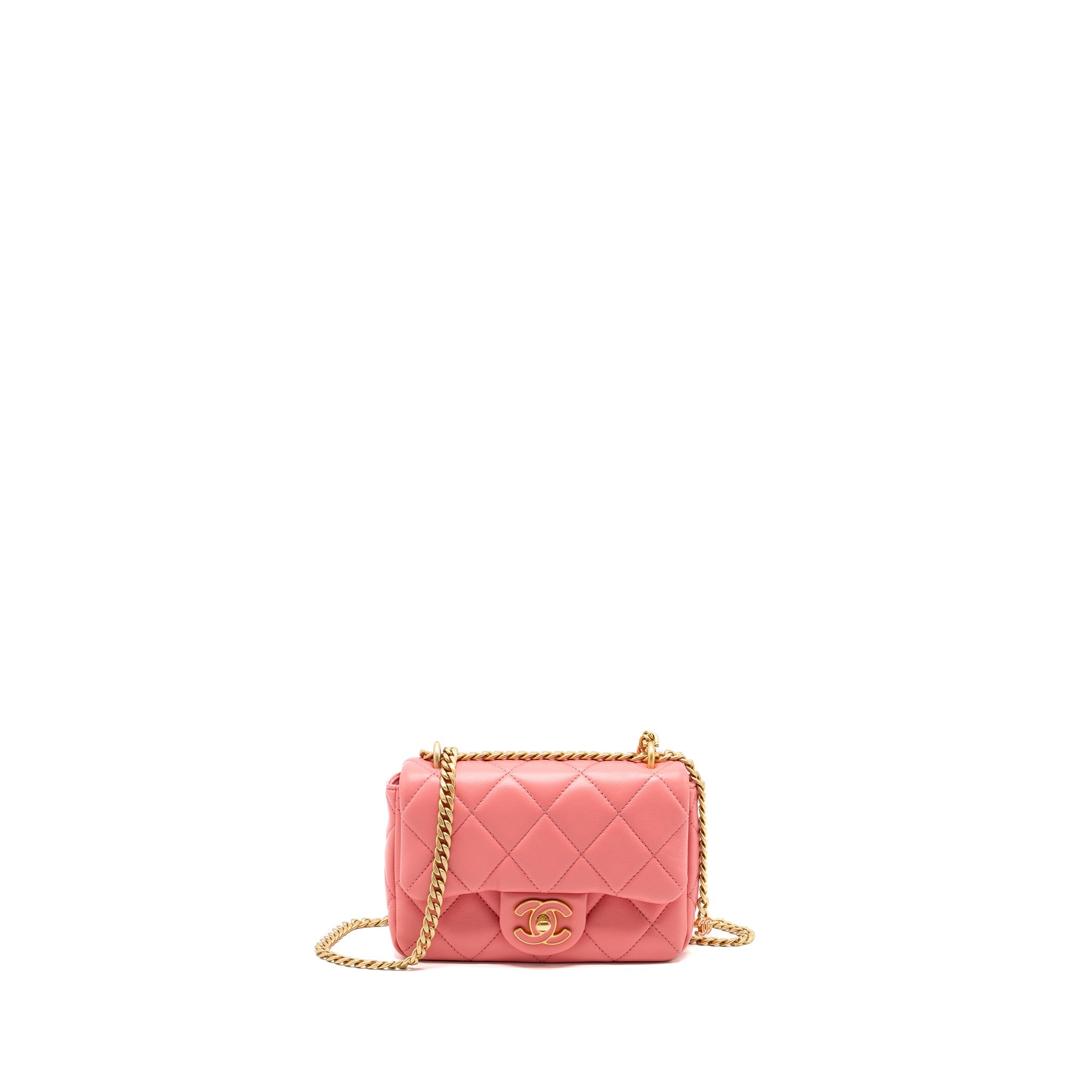 CHANEL 22P MINI SQUARE FLAP BAG LAMBSKIN PINK ENAMEL/GOLD HARDWARE(MICROCHIP)