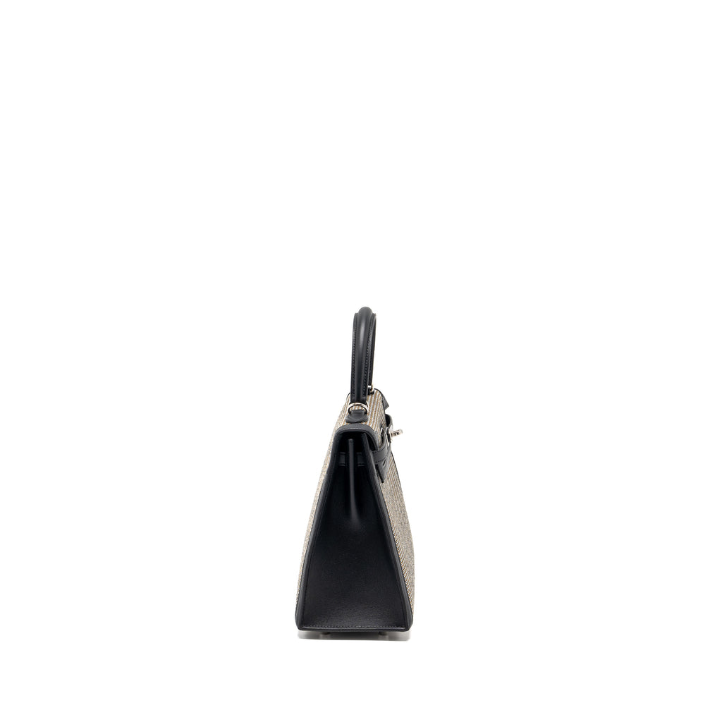 HERMES KELLY 25 SELLIER TOILE QUADRILLE /SWIFT BLACK-BLANC-DESERT / BLACK SHW