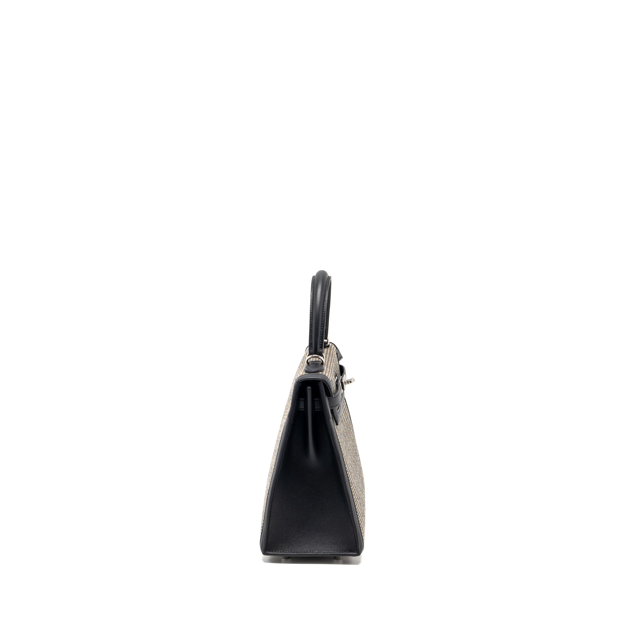 HERMES KELLY 25 SELLIER TOILE QUADRILLE /SWIFT BLACK-BLANC-DESERT / BLACK SHW