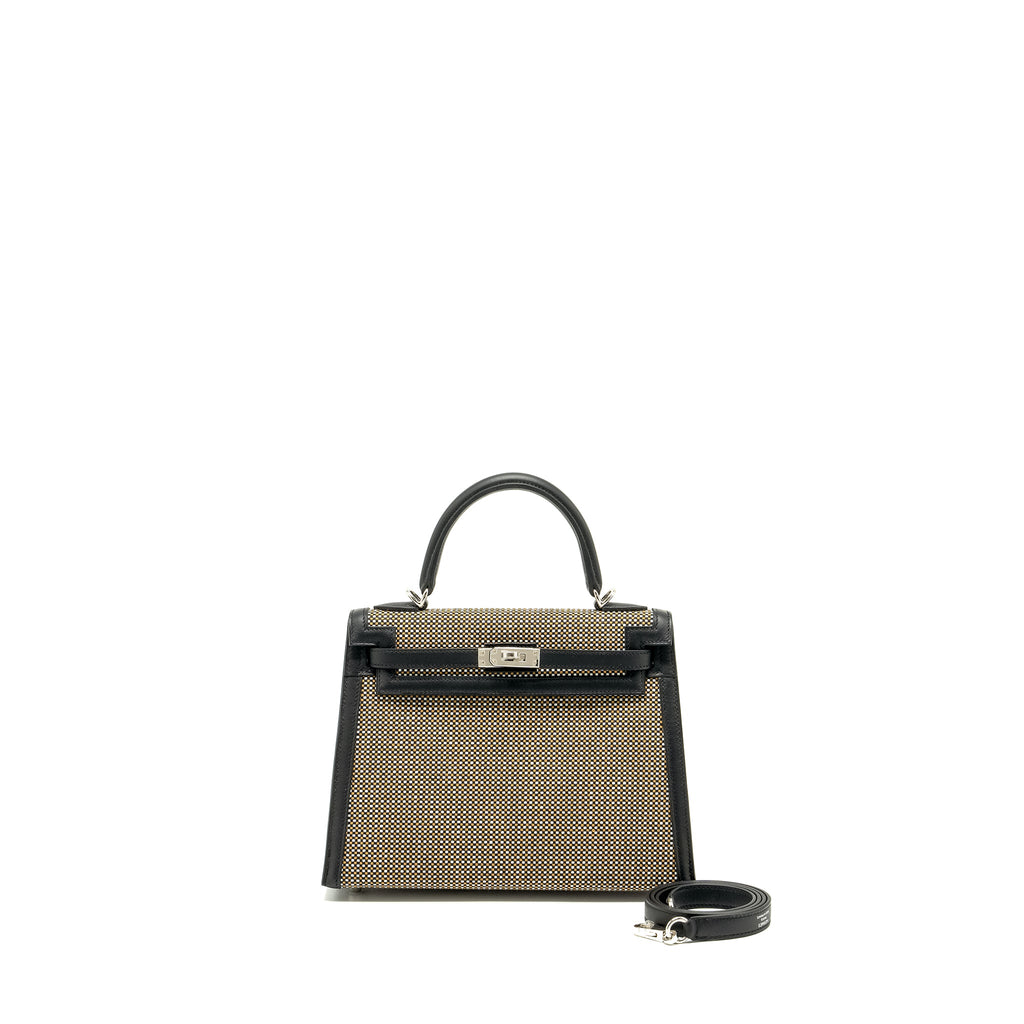 HERMES KELLY 25 SELLIER TOILE QUADRILLE /SWIFT BLACK-BLANC-DESERT / BLACK SHW