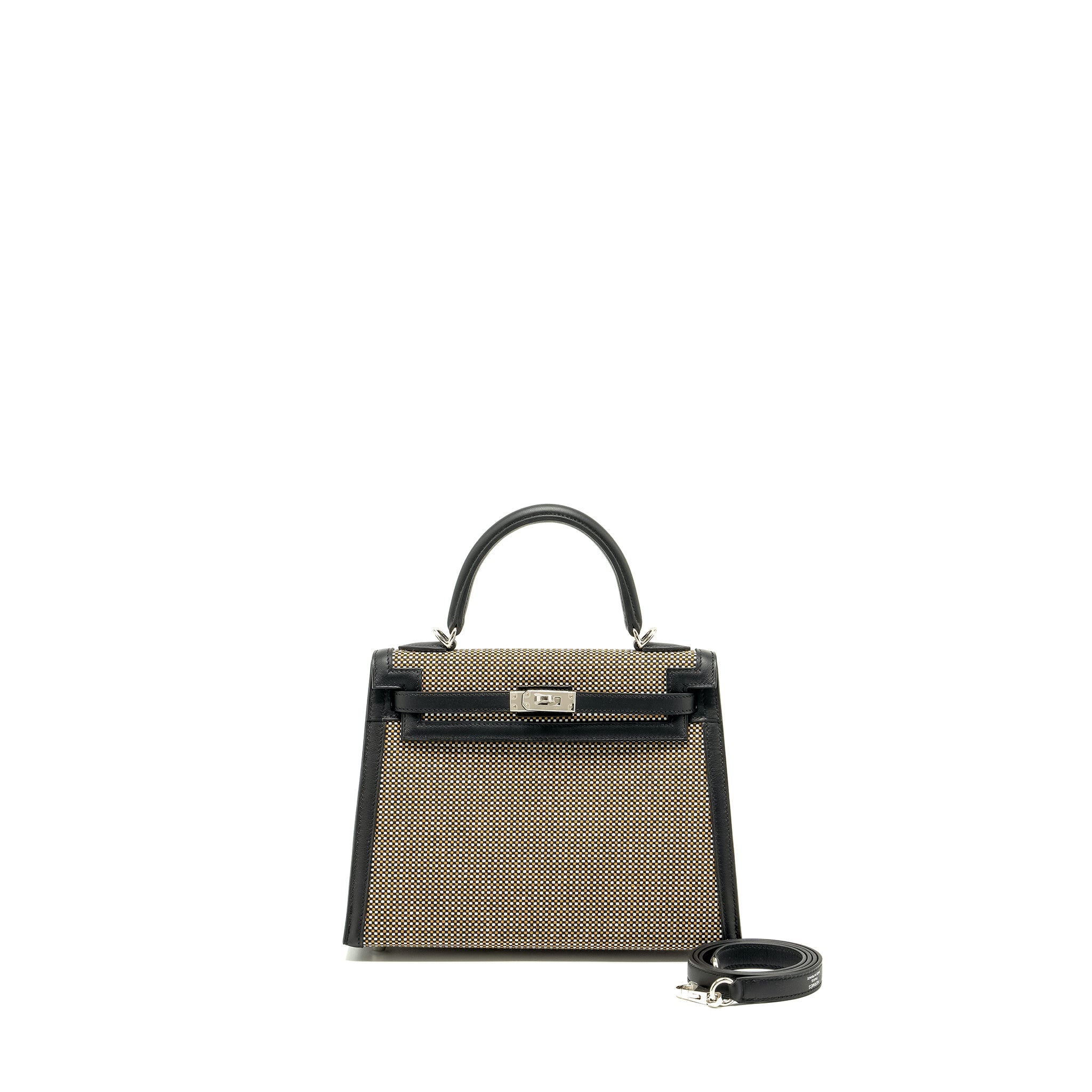 HERMES KELLY 25 SELLIER TOILE QUADRILLE /SWIFT BLACK-BLANC-DESERT / BLACK SHW