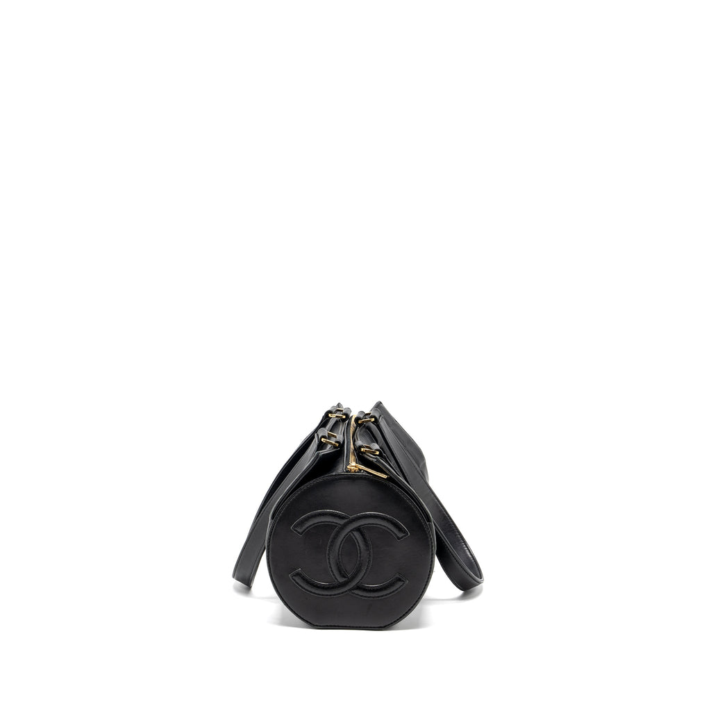 CHANEL VINTAGE CHOCOLATE BAR BARREL HANDBAG LAMBSKIN BLACK GHW
