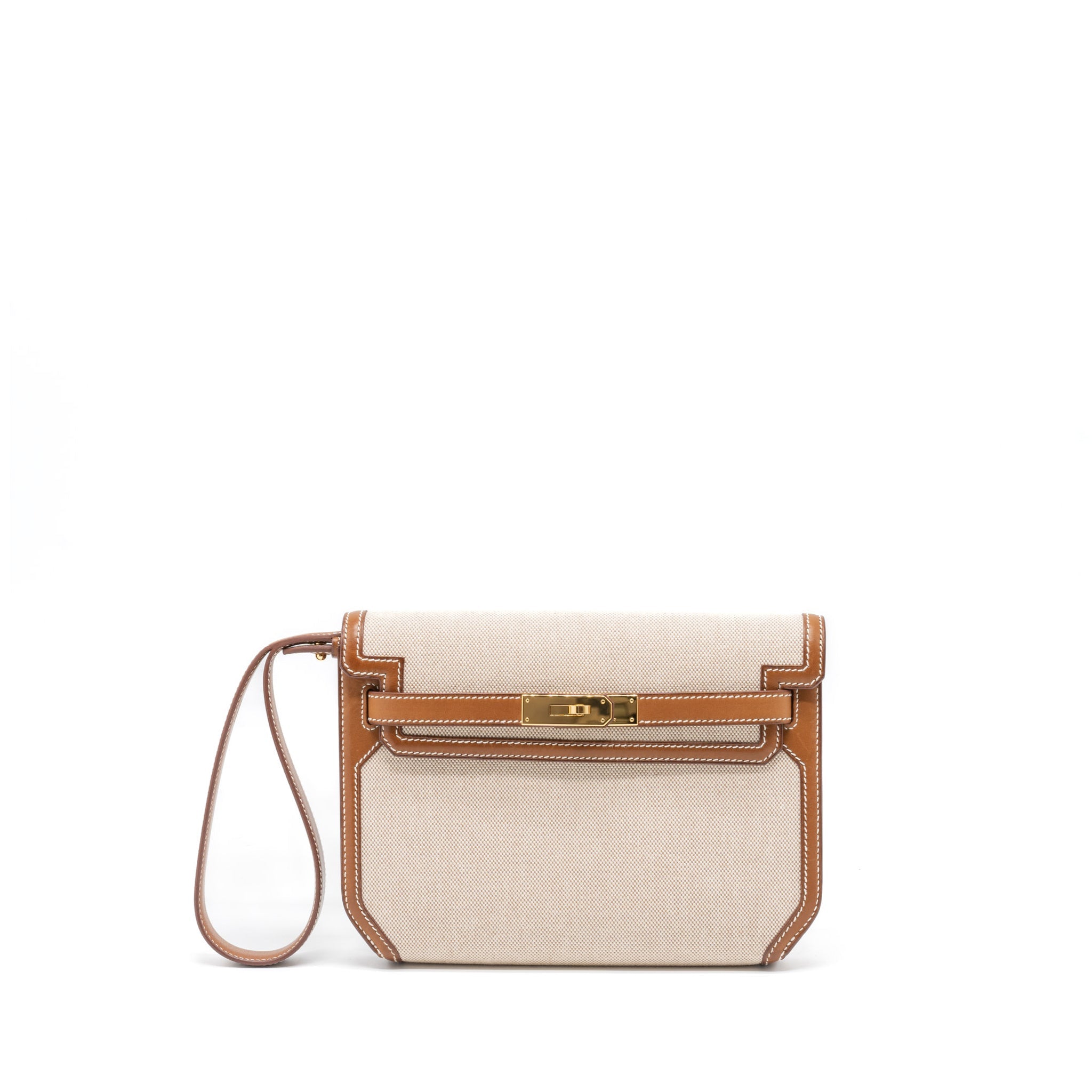 HERMES POCHETTE KELLY DEPECHES 25 CANVAS/BARENIA ECRU BEIGE/FAUVE GHW