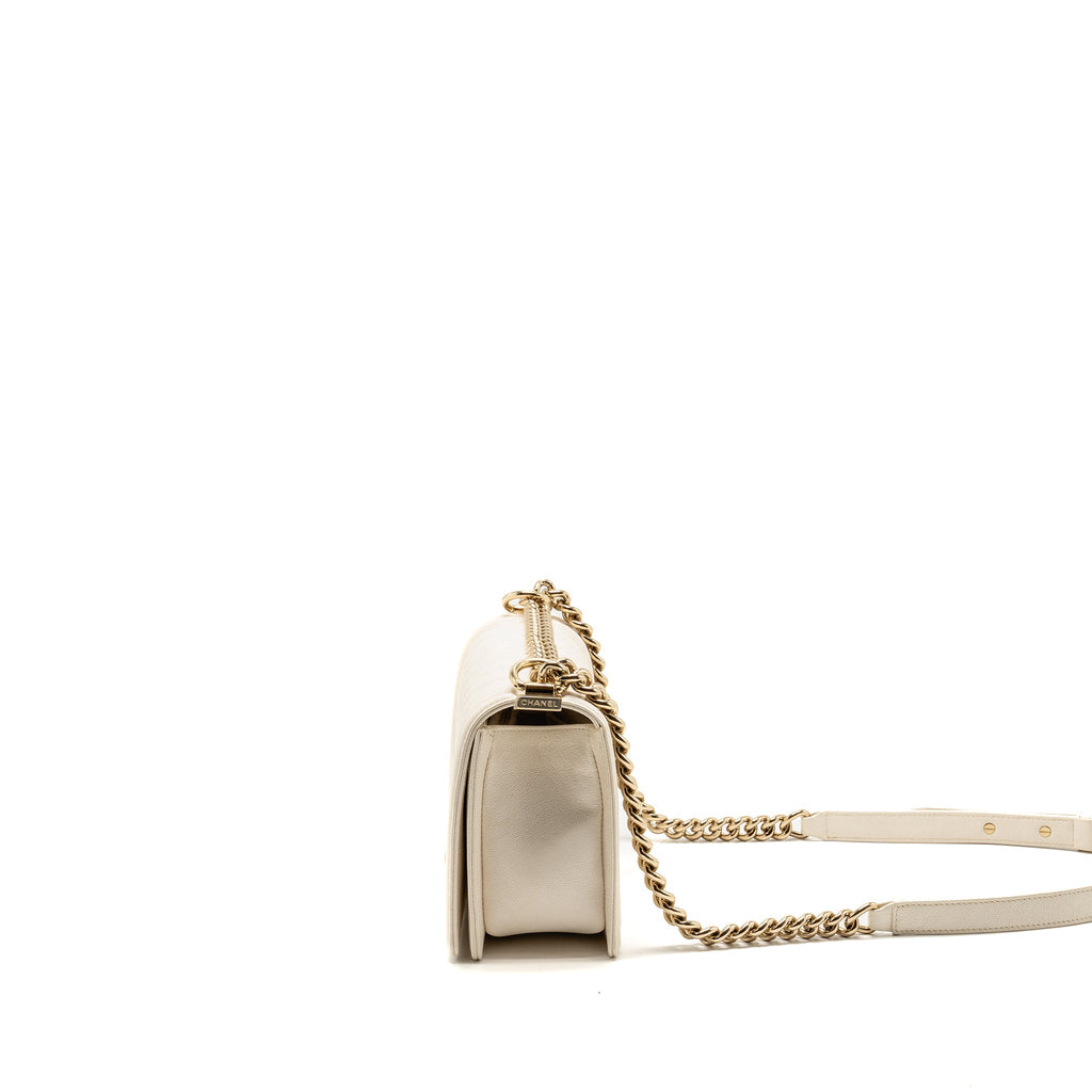 CHANEL MEDIUM BOY BAG CAVIAR WHITE LGHW