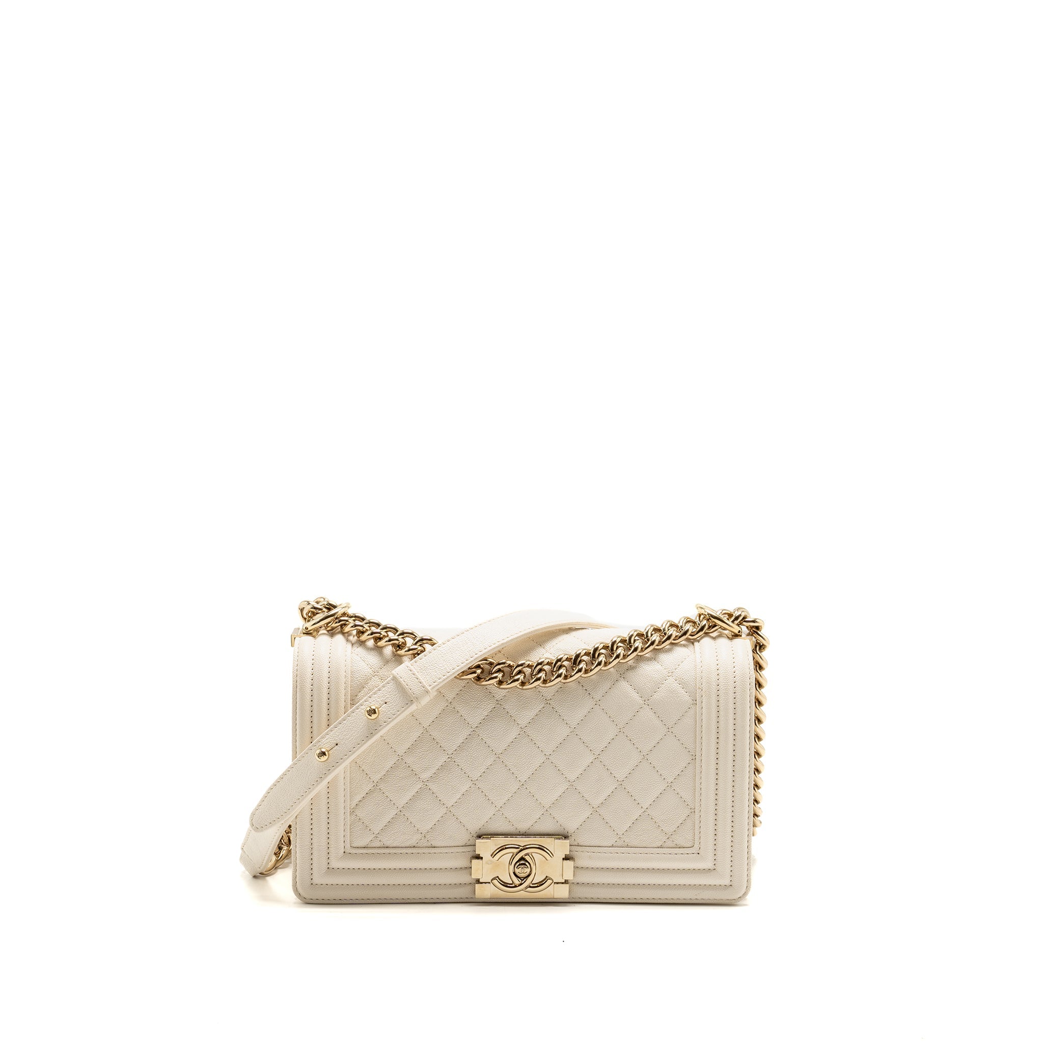 CHANEL MEDIUM BOY BAG CAVIAR WHITE LGHW
