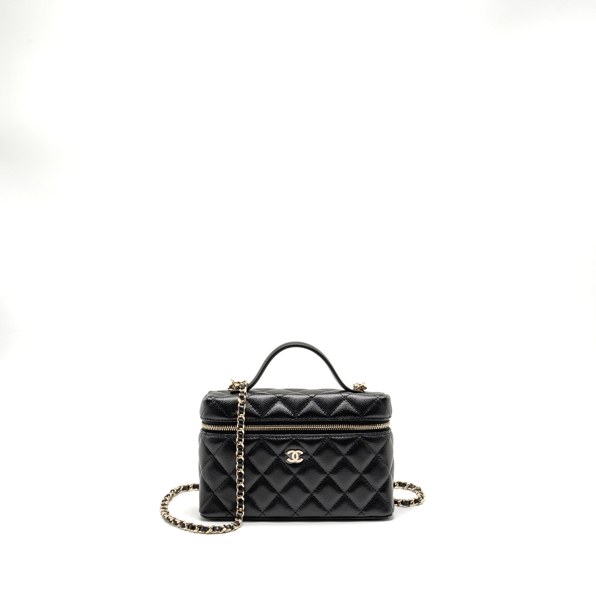 CHANEL 25P CC TOP HANDLE VANITY WITH CHAIN CAVIAR BLACK LGHW (MICROCHIP)