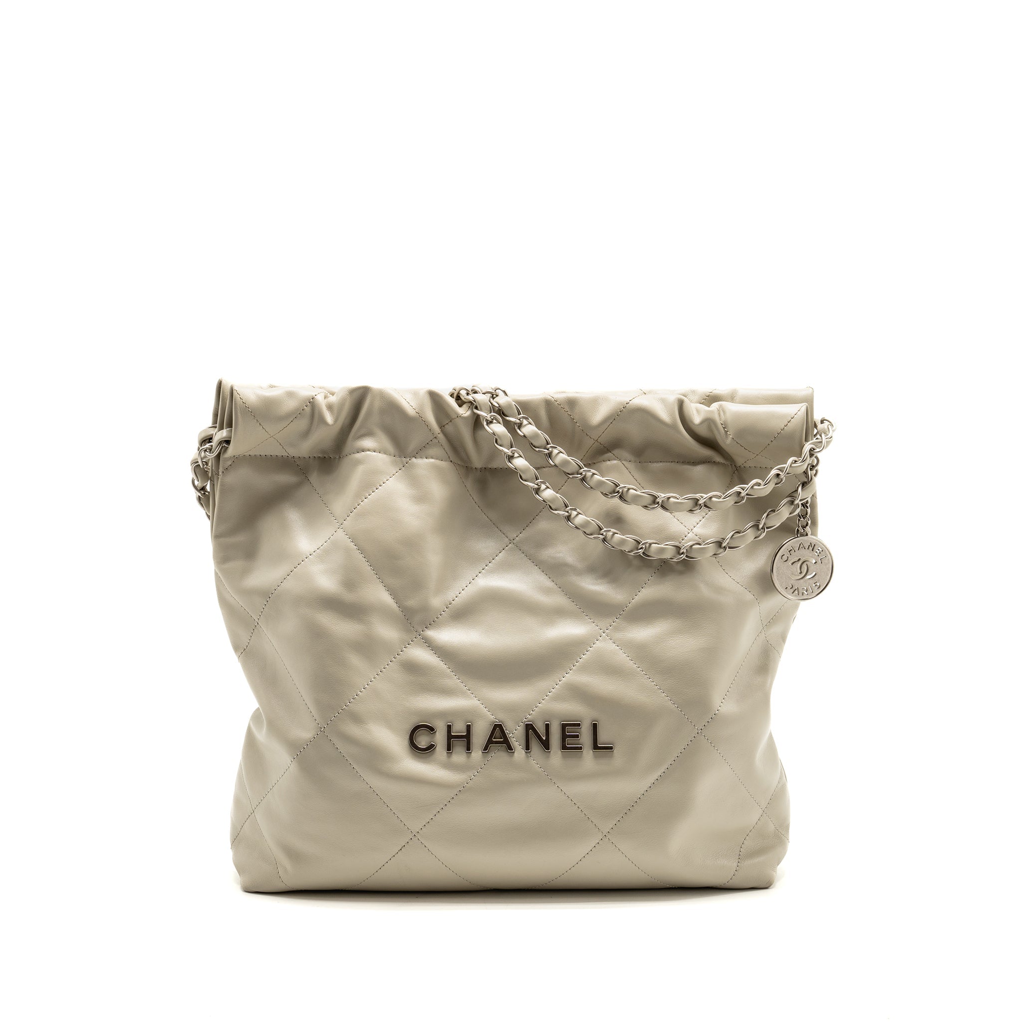 CHANEL SMALL 22 SHINY CALFSKIN LIGHT GREY SHW (MICROCHIP)