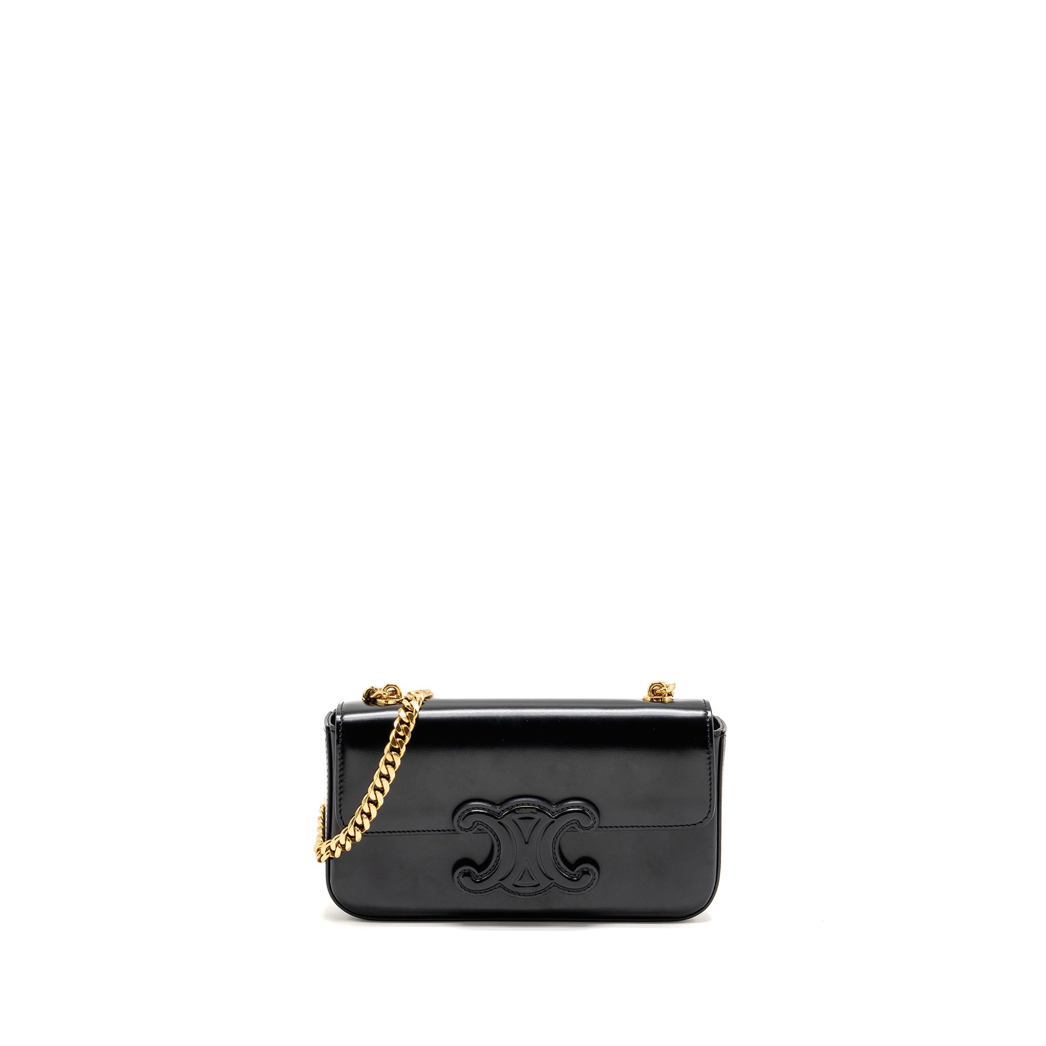 CELINE CUIR TRIOMPHE CHAIN SHOULDER BAG SHINY CALFSKIN BLACK GHW