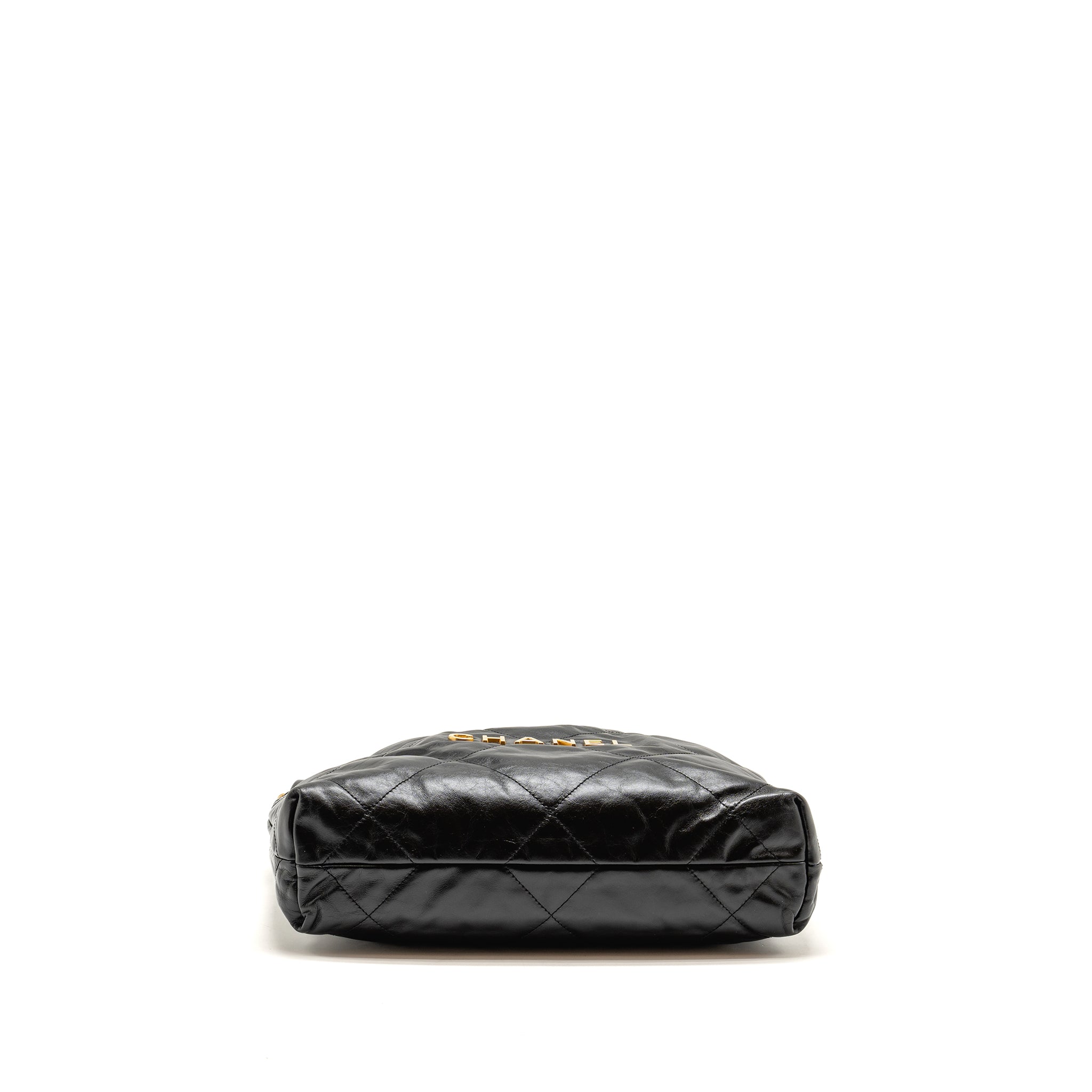 CHANEL SMALL 22 BAG GOLD LETTER CALFSKIN BLACK GHW (MICROCHIP)