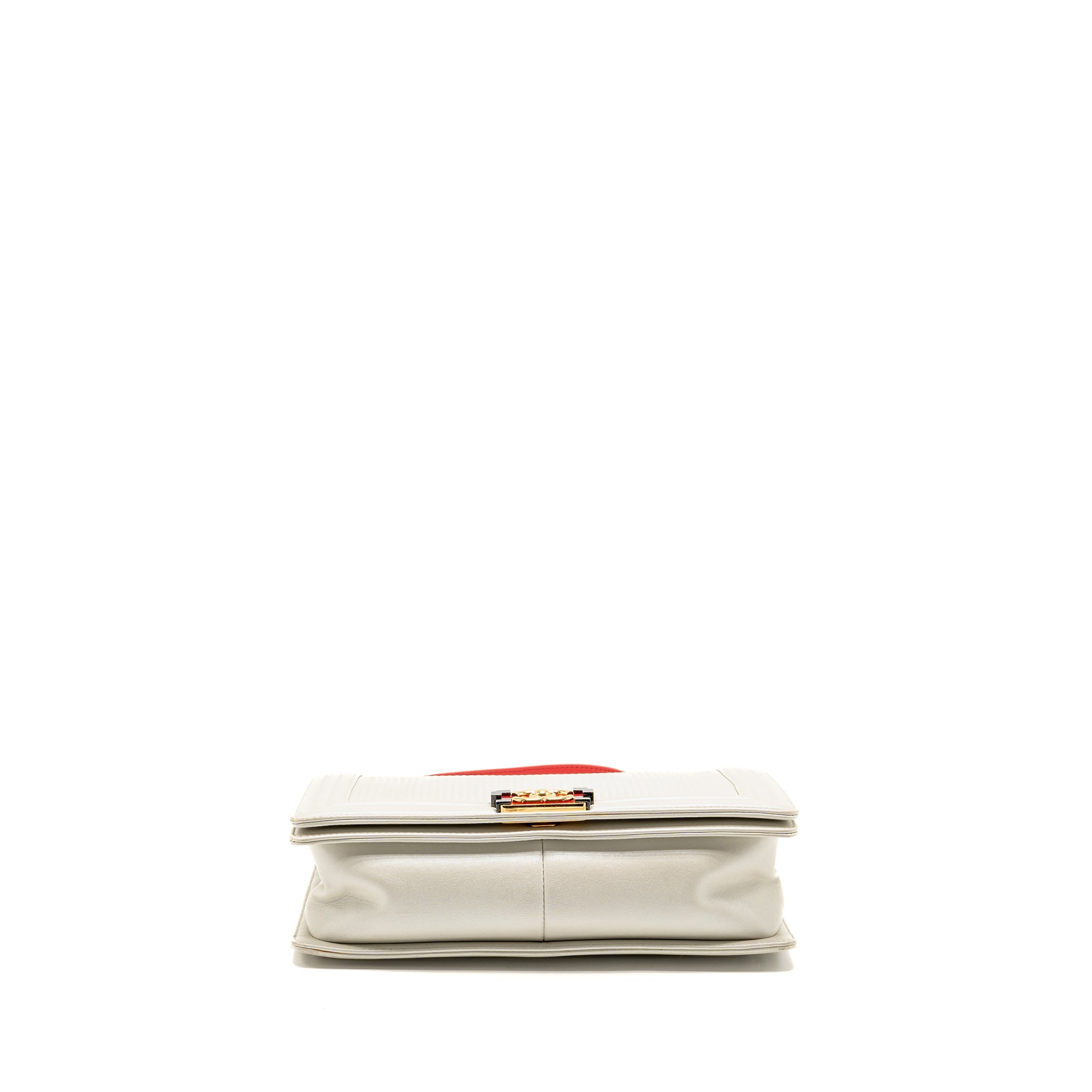CHANEL BOY BAG METAL SQUARED LAMBSKIN WHITE/RED GHW