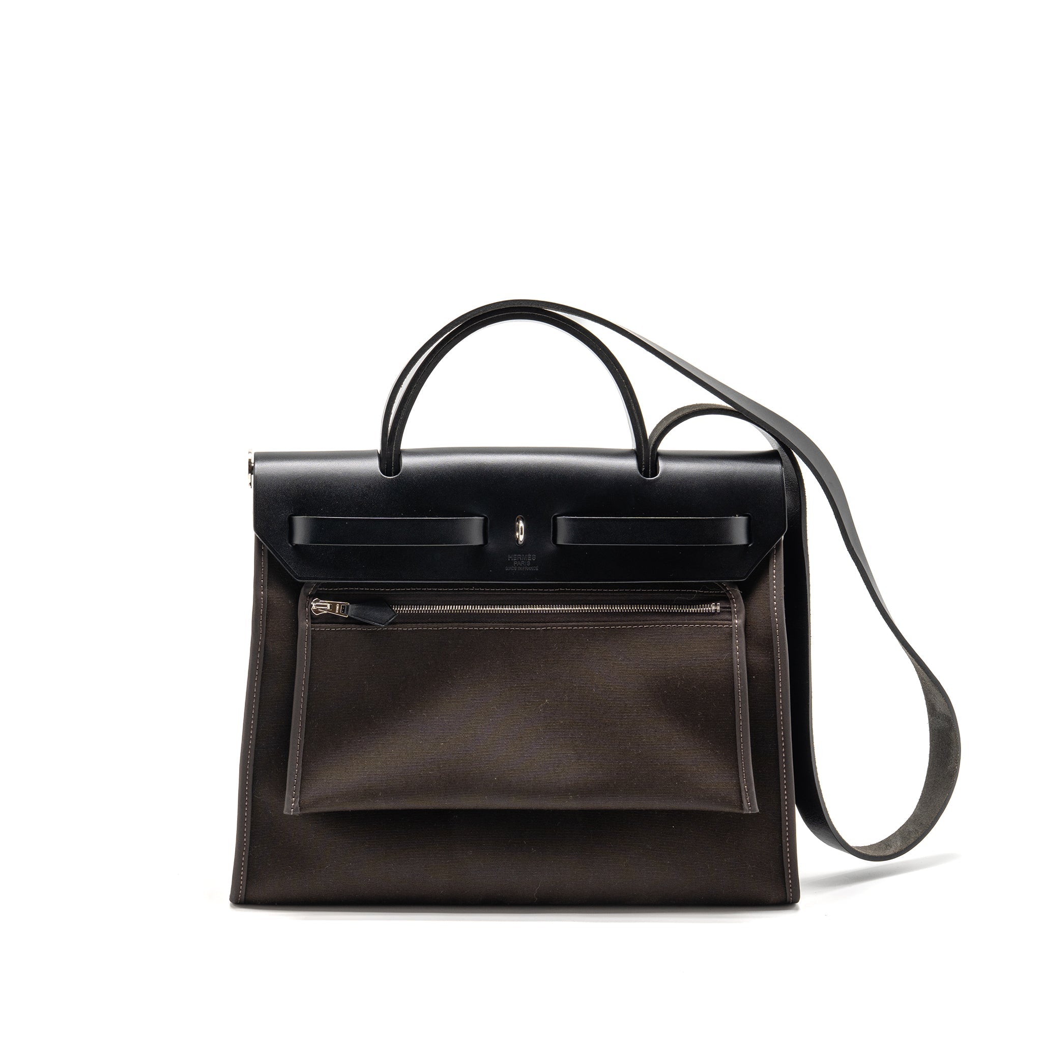 HERMES HERBAG 31 ZIP BAG CANVAS/HUNTER LEATHER EBENE/NOIR SHW