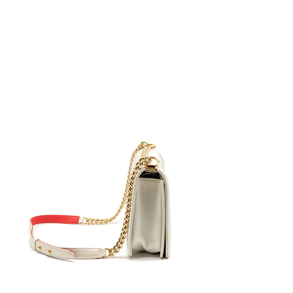 CHANEL BOY BAG METAL SQUARED LAMBSKIN WHITE/RED GHW