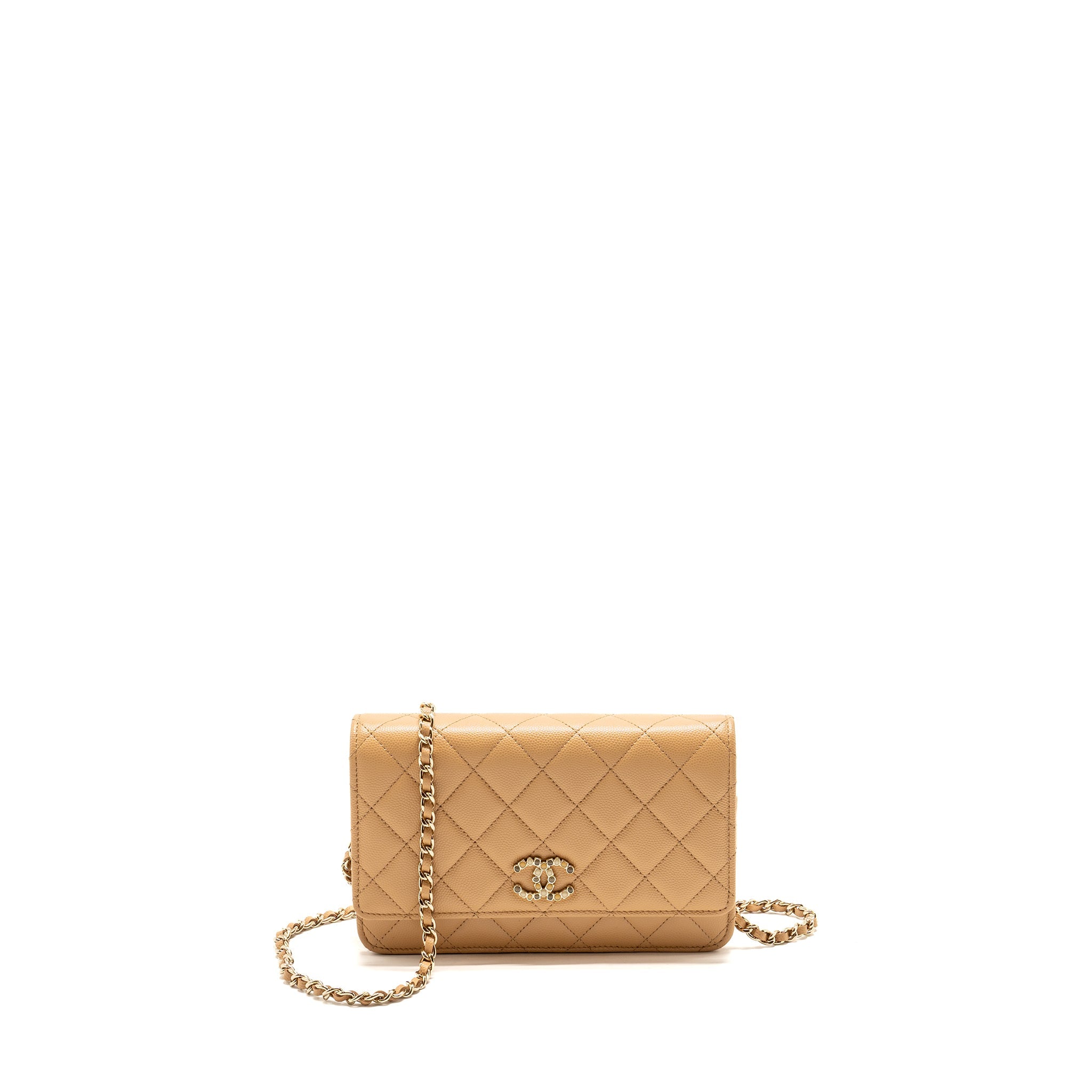 CHANEL DETAILED CC CLASSIC WALLET ON CHAIN CAVIAR BEIGE LGHW (MICROCHIP)