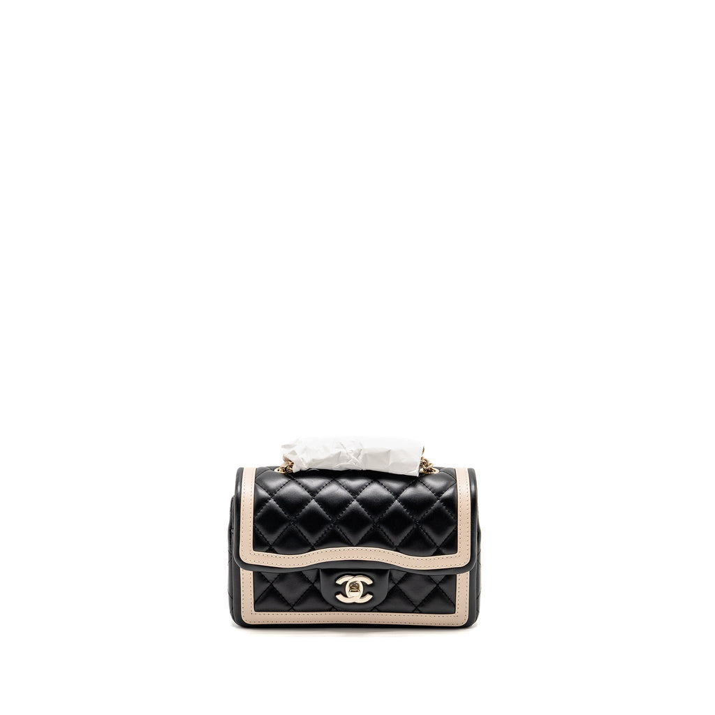 CHANEL 23B QUILTED MINI RECTANGULAR FLAP BAG LAMBSKIN BLACK/BEIGE LGHW (MICROCHIP)