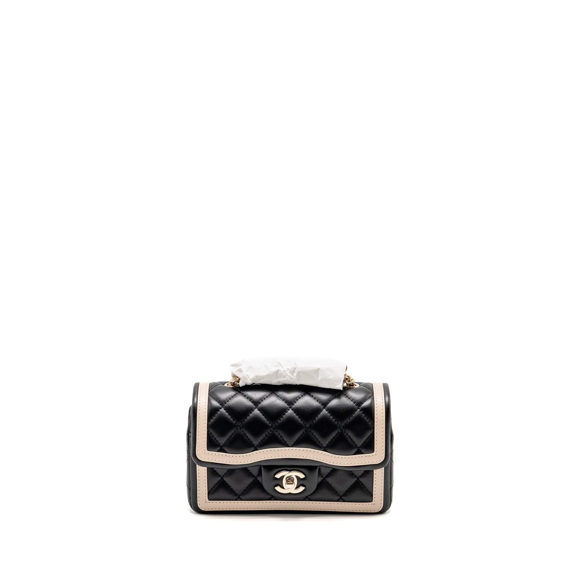 CHANEL 23B QUILTED MINI RECTANGULAR FLAP BAG LAMBSKIN BLACK/BEIGE LGHW (MICROCHIP)