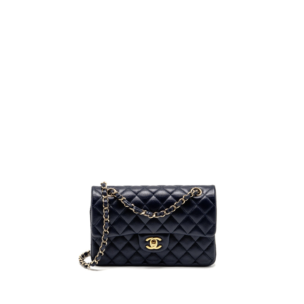 CHANEL SMALL CLASSIC DOUBLE FLAP BAG CAVIAR NAVY GHW (MICROCHIP)