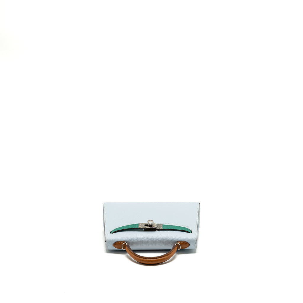 HERMES MINI KELLY EPSOM BLEU BRUME/VERT JADE/GOLD SHW