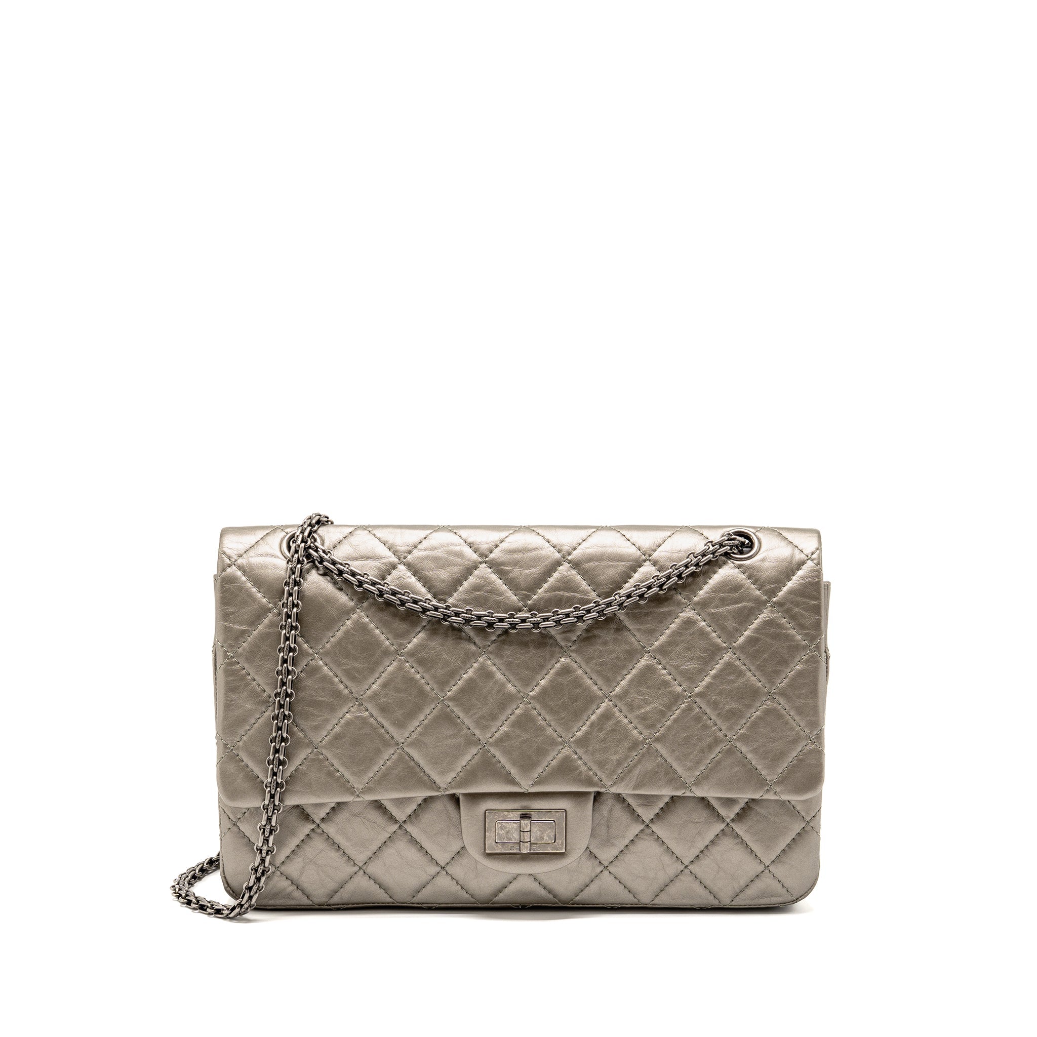CHANEL MAXI 2.55 REISSUE FLAP BAG AGED CALFSKIN IRIDESCENT LIGHT GREY RUTHENIUM HARDWARE