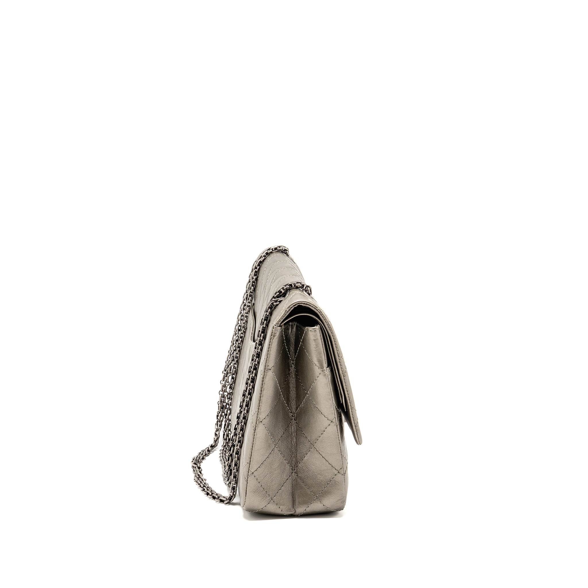 CHANEL MAXI 2.55 REISSUE FLAP BAG AGED CALFSKIN IRIDESCENT LIGHT GREY RUTHENIUM HARDWARE