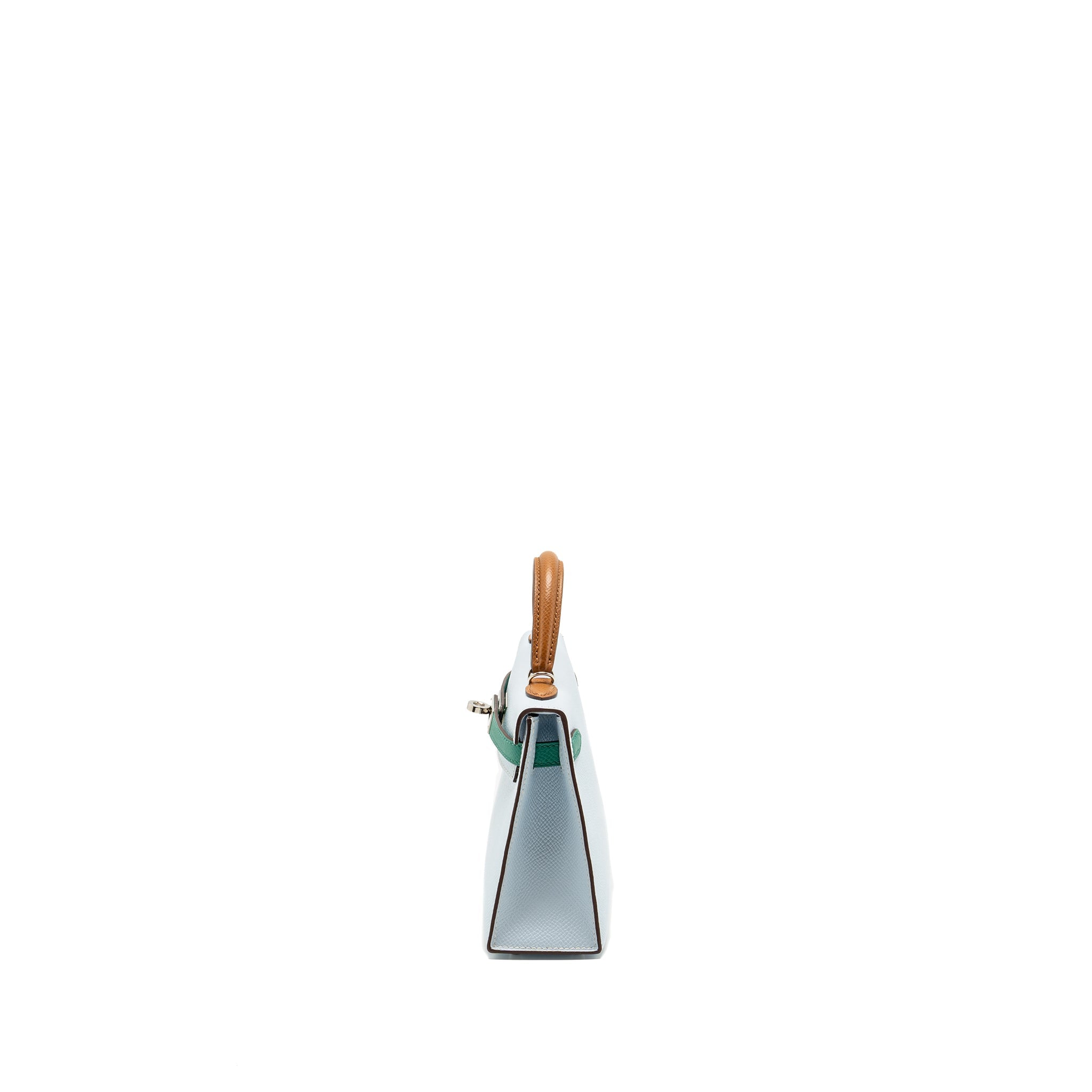HERMES MINI KELLY EPSOM BLEU BRUME/VERT JADE/GOLD SHW