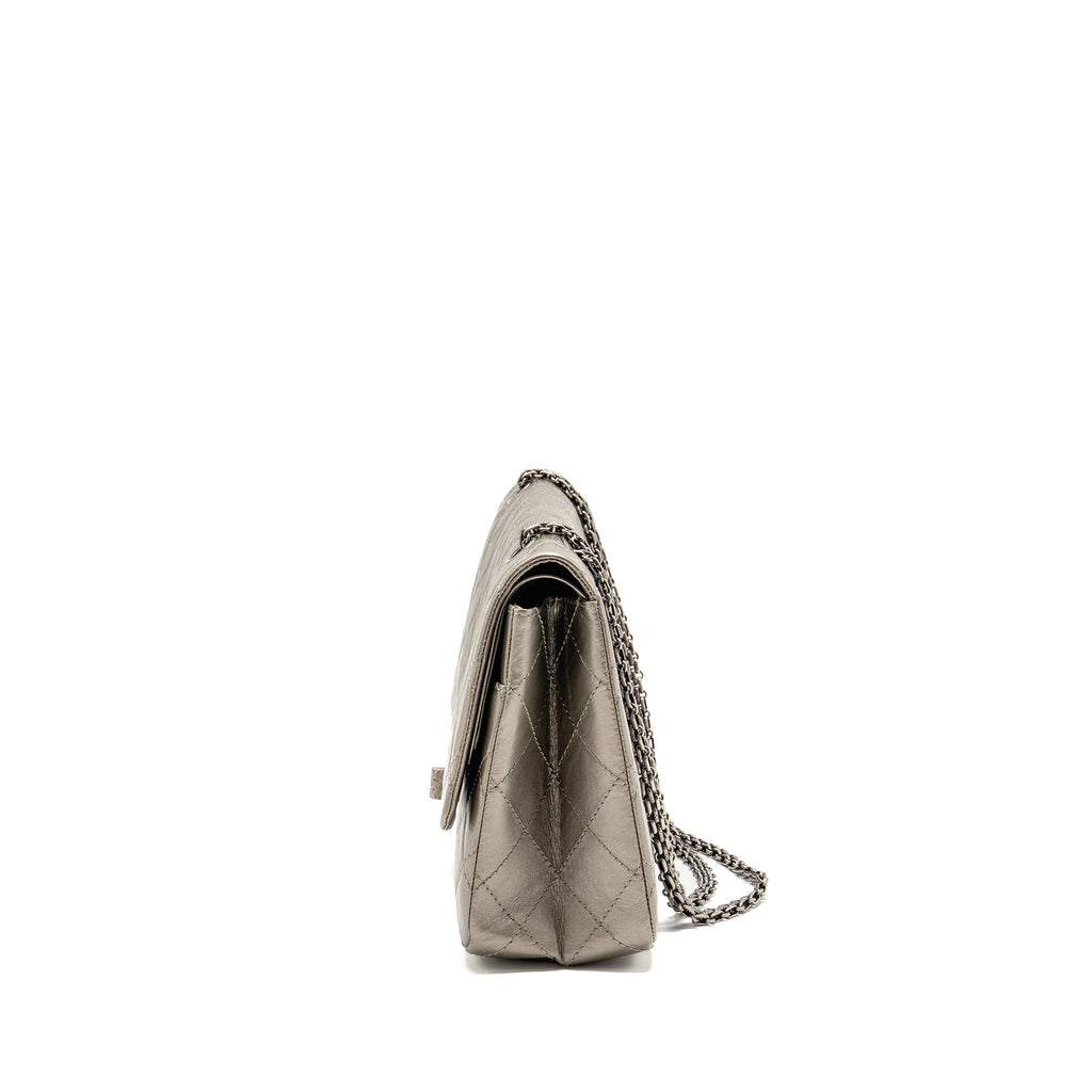 CHANEL MAXI 2.55 REISSUE FLAP BAG AGED CALFSKIN IRIDESCENT LIGHT GREY RUTHENIUM HARDWARE