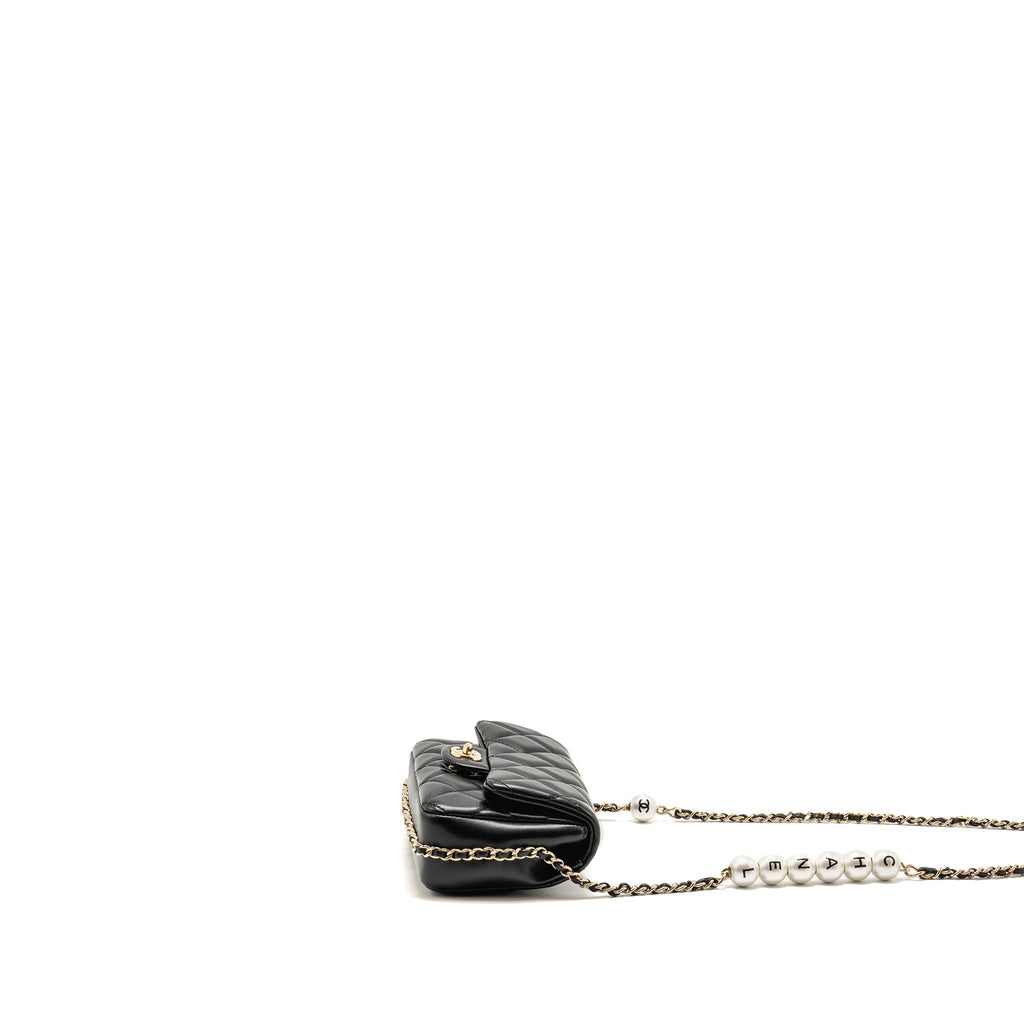CHANEL QUILTED FLAP BAG WITH PEARL CHAIN LAMBSKIN BLACK LGHW
