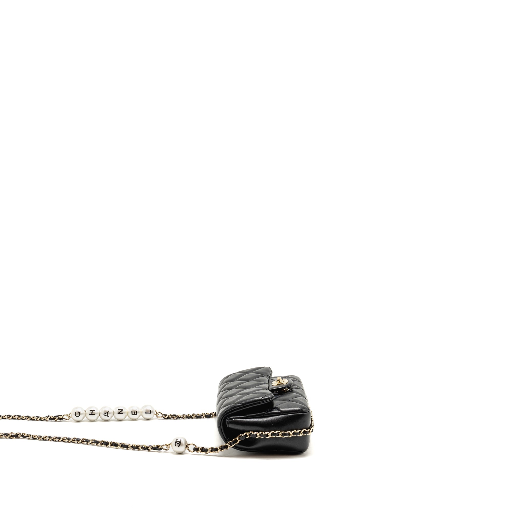 CHANEL QUILTED FLAP BAG WITH PEARL CHAIN LAMBSKIN BLACK LGHW