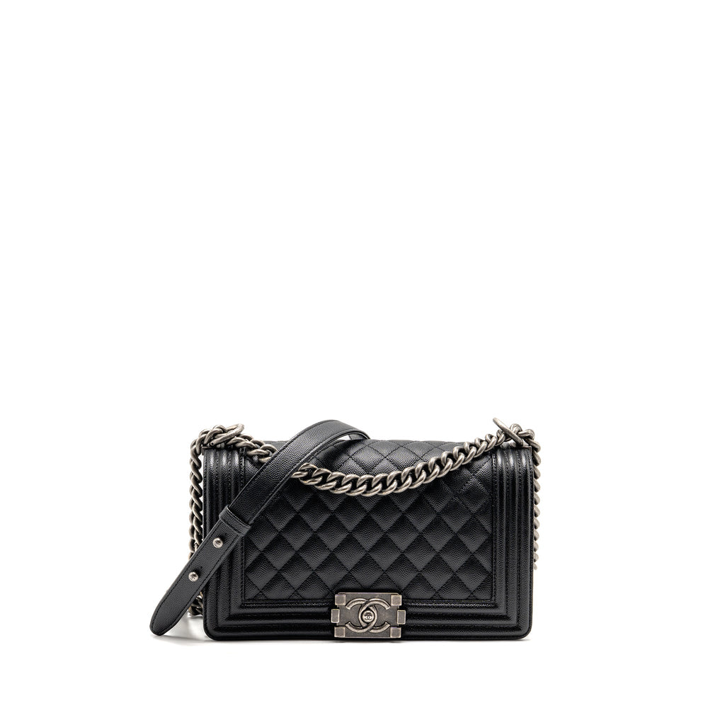 CHANEL MEDIUM BOY BAG CAVIAR BLACK RUTHENIUM HARDWARE