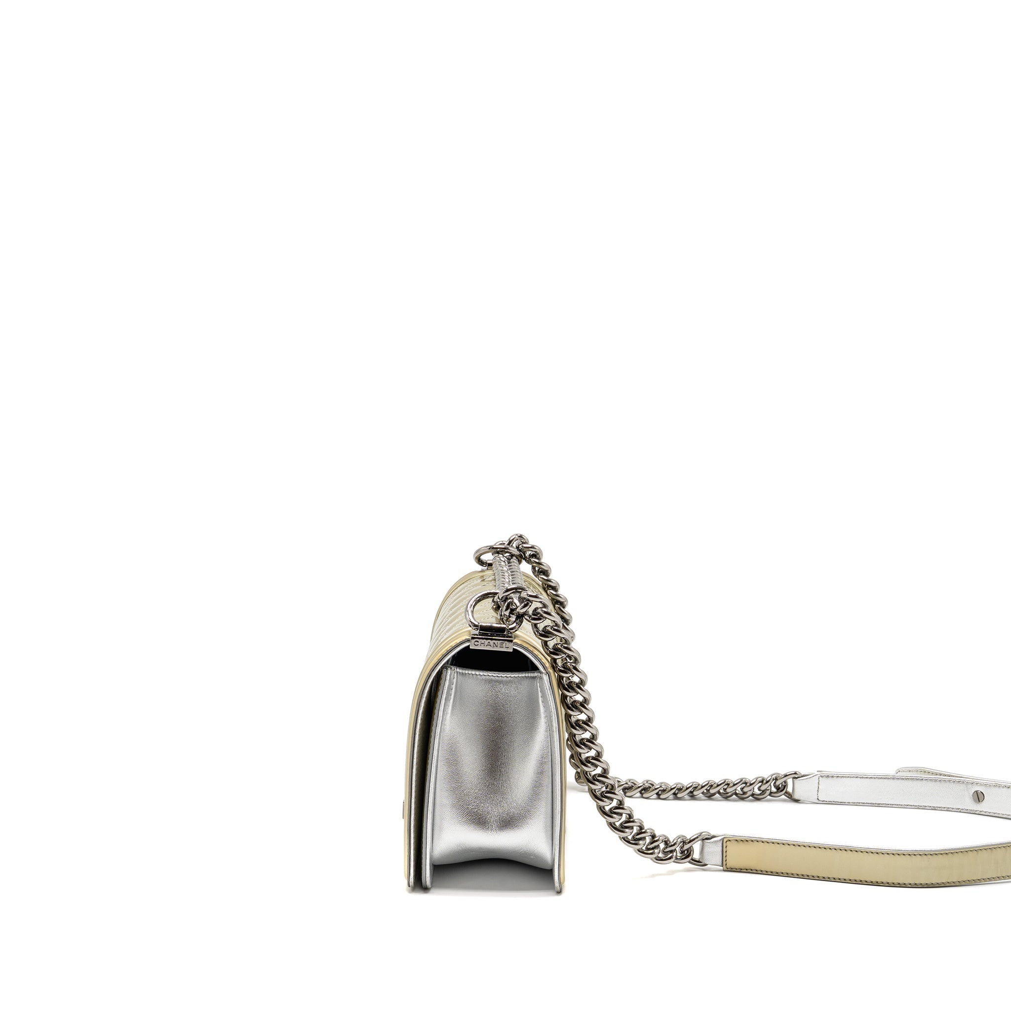 CHANEL MEDIUM BOY BAG METALLIC PATENT CALFSKIN/METALLIC LAMBSKIN GOLD/SILVER SHW