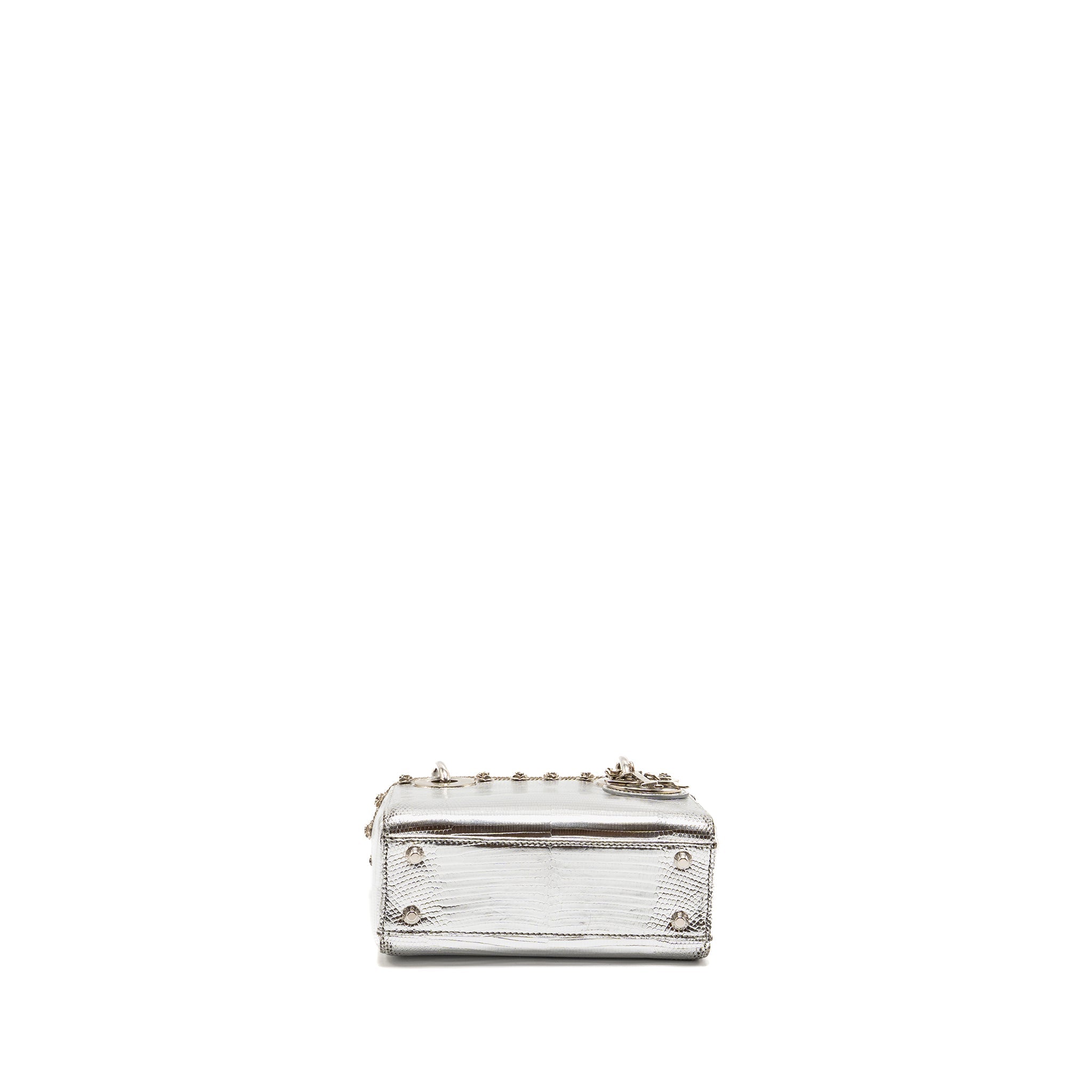 DIOR MINI LADY DIOR FLOWER STUDDED METAL HANDLE LIZARD SILVER SHW
