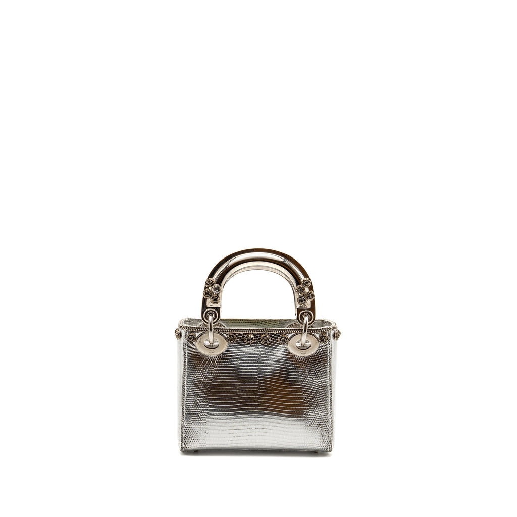 DIOR MINI LADY DIOR FLOWER STUDDED METAL HANDLE LIZARD SILVER SHW