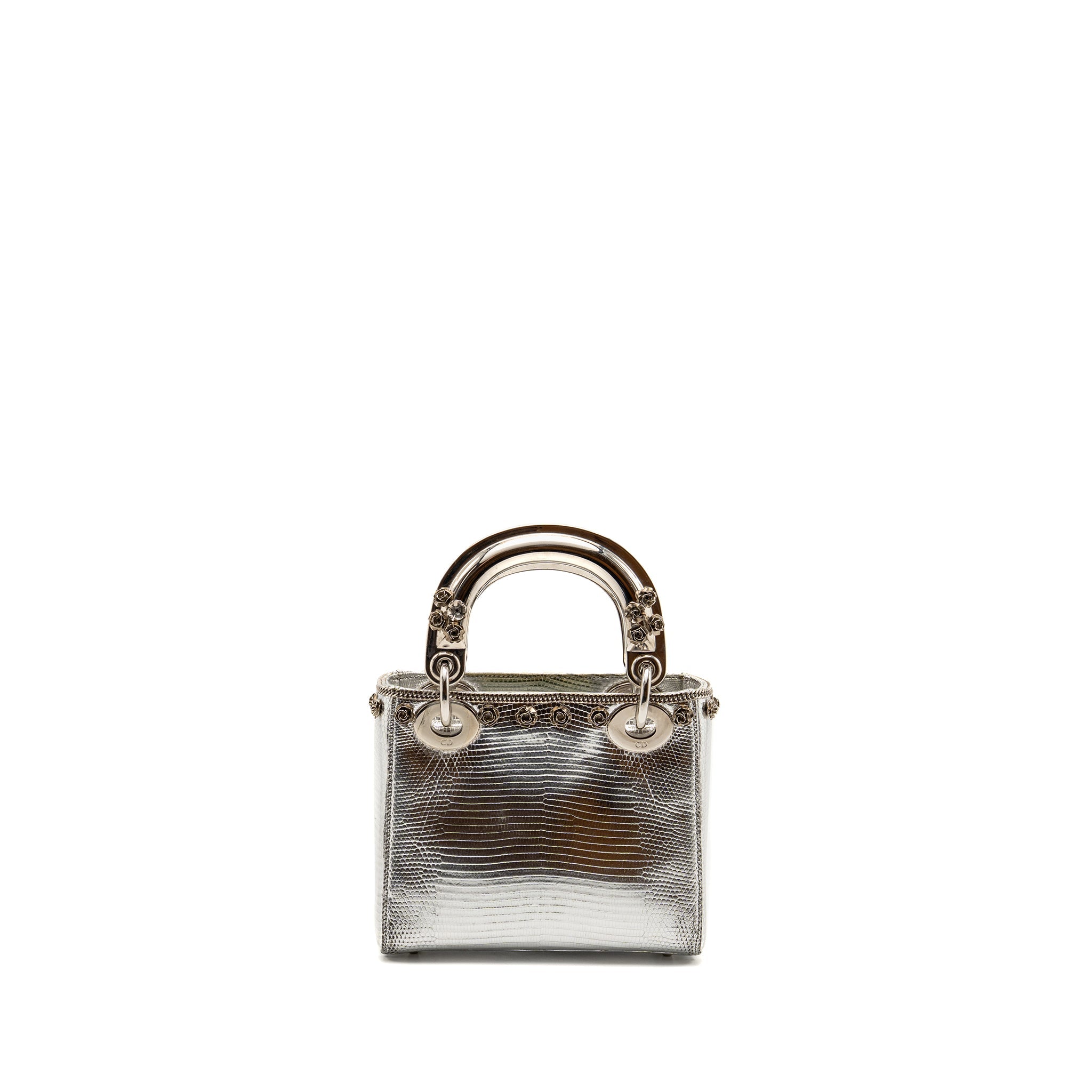 DIOR MINI LADY DIOR FLOWER STUDDED METAL HANDLE LIZARD SILVER SHW