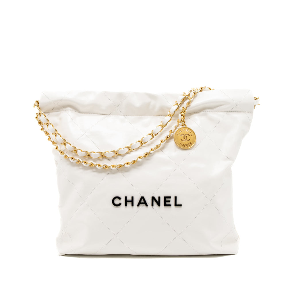 CHANEL SMALL 22 BAG BLACK LETTER SHINY CALFSKIN WHITE BRUSHED GHW (MICROCHIP)
