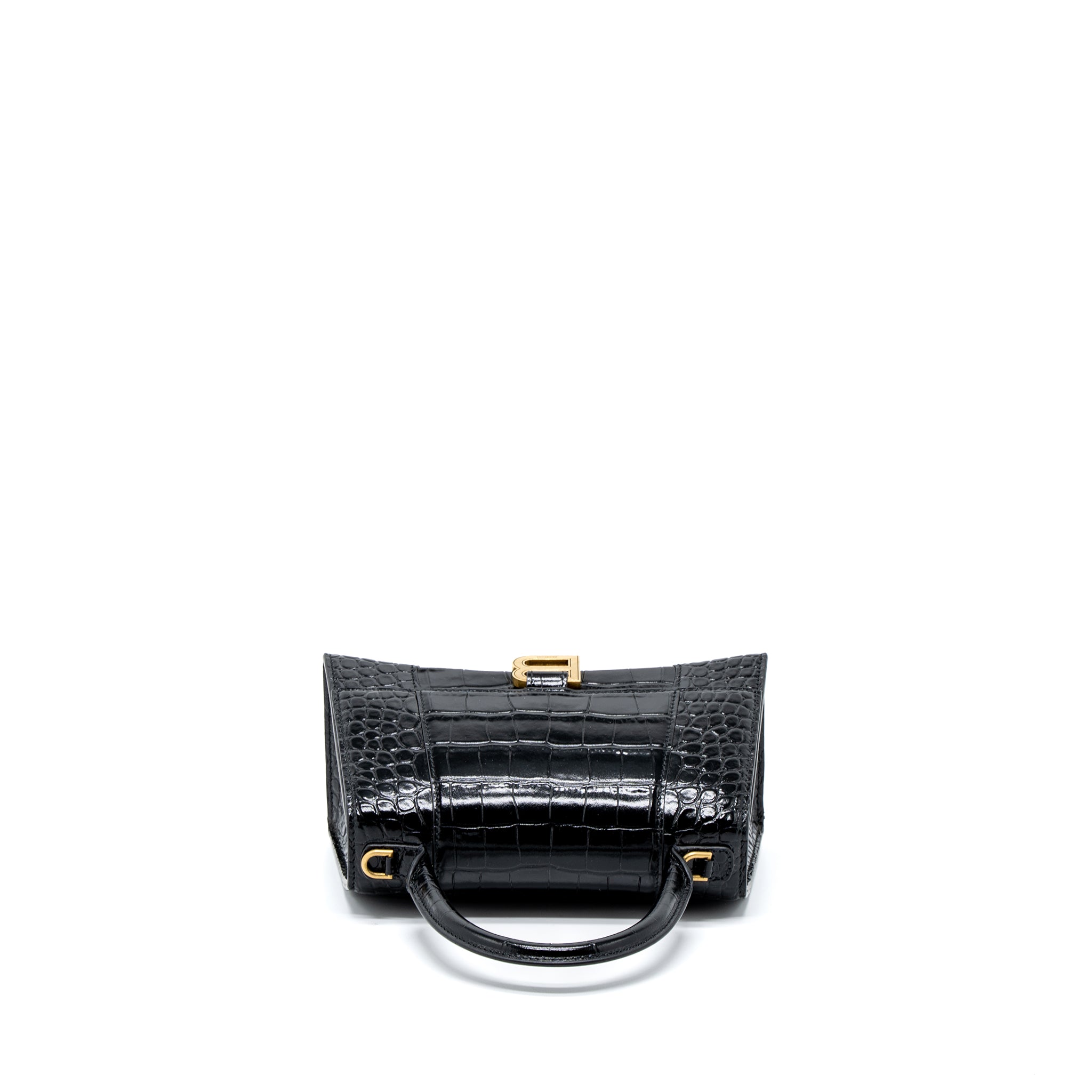 BALENCIAGA HOURGLASS SMALL HANDBAG CROC EMBOSSED CALFSKIN BLACK GHW