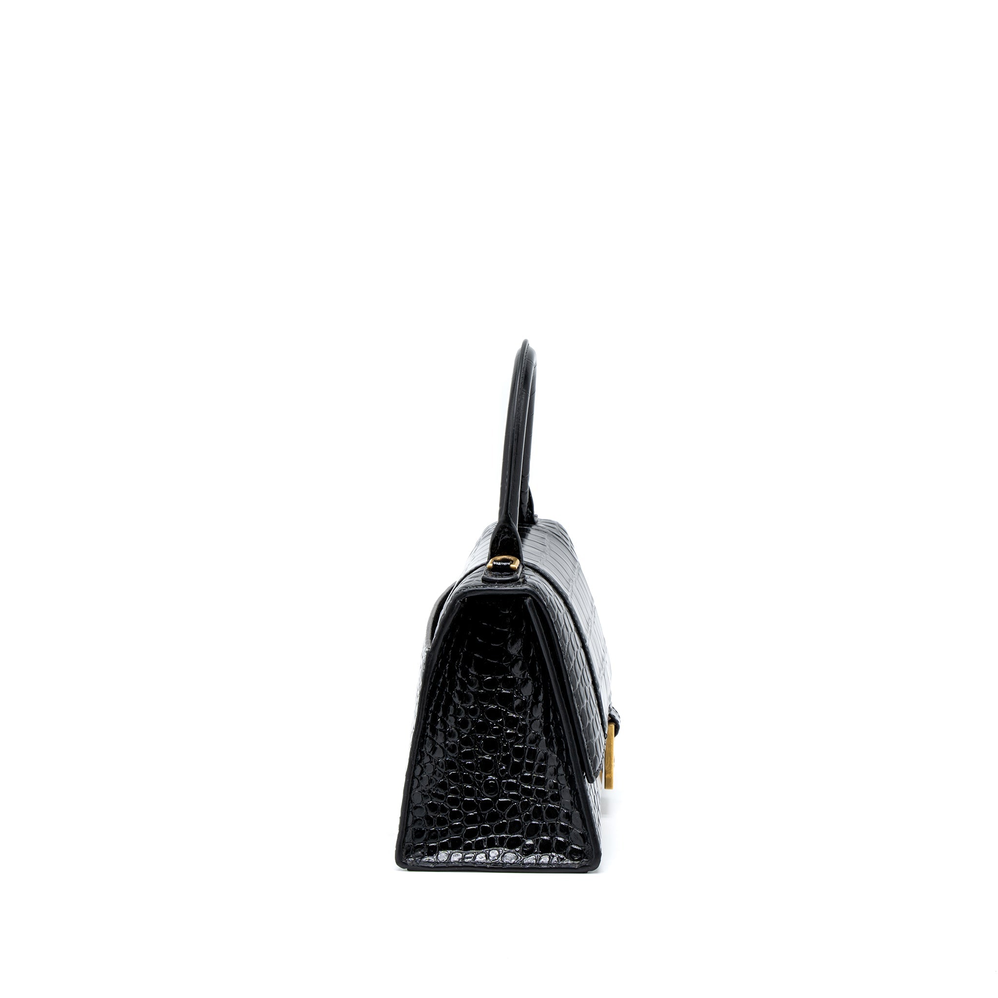 BALENCIAGA HOURGLASS SMALL HANDBAG CROC EMBOSSED CALFSKIN BLACK GHW