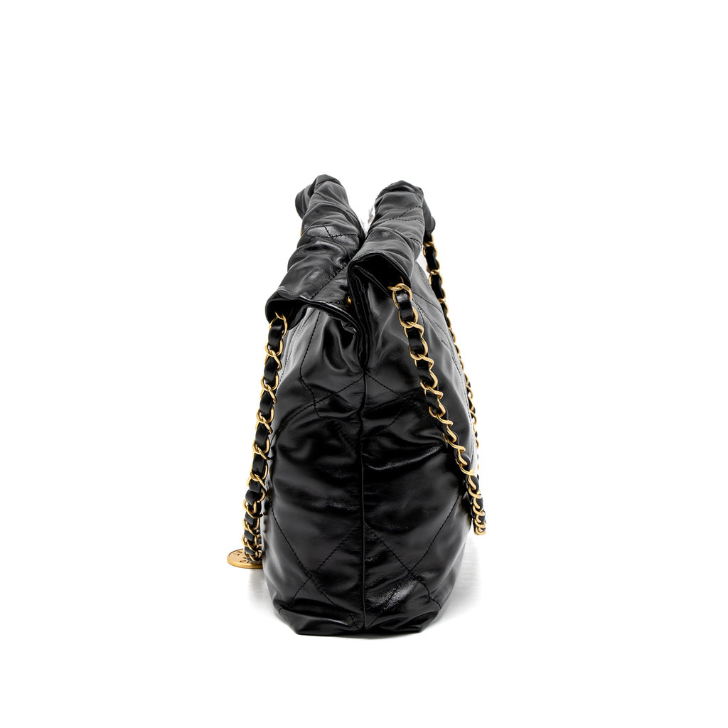 CHANEL SMALL 22 BAG GOLD LETTER SHINY CALFSKIN BLACK BRUSHED GHW (MICROCHIP)