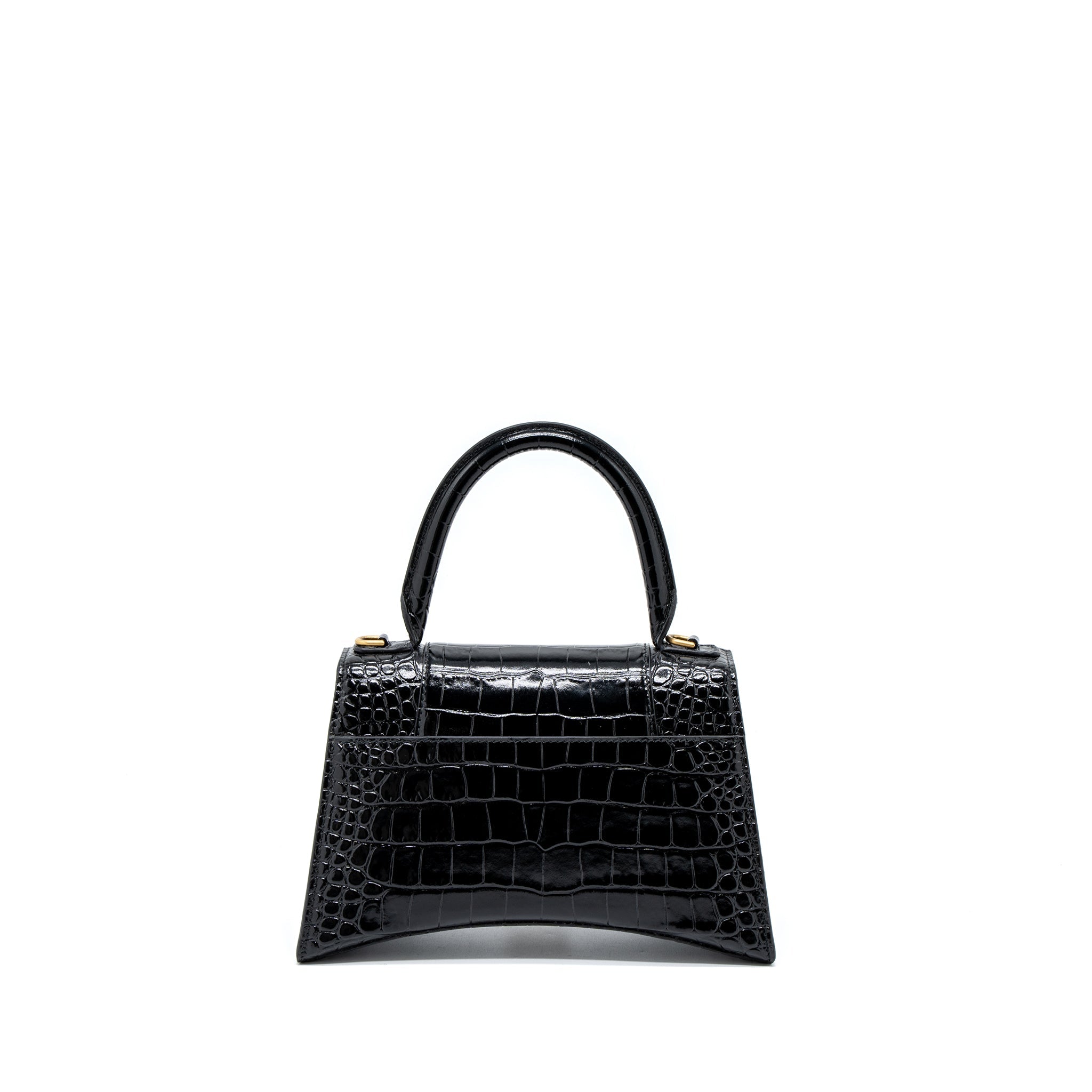 BALENCIAGA HOURGLASS SMALL HANDBAG CROC EMBOSSED CALFSKIN BLACK GHW
