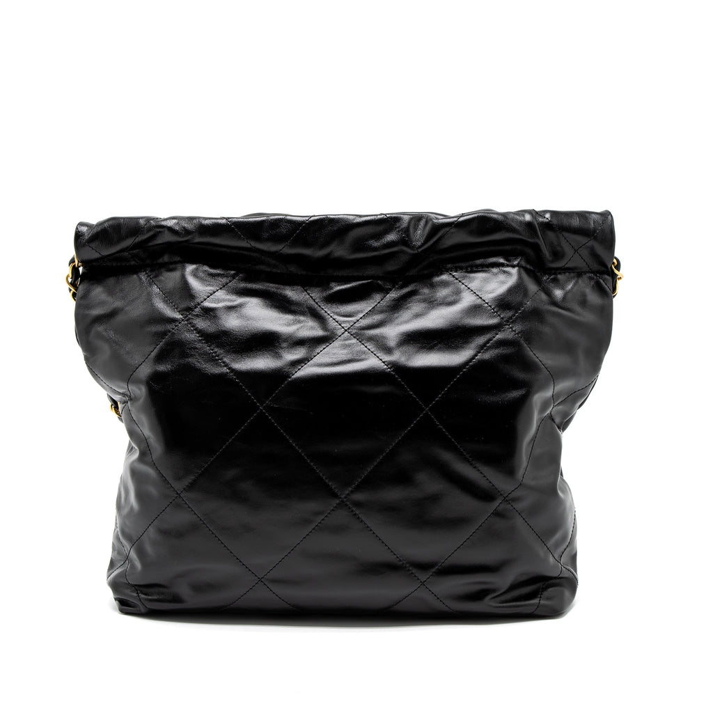 CHANEL SMALL 22 BAG GOLD LETTER SHINY CALFSKIN BLACK BRUSHED GHW (MICROCHIP)