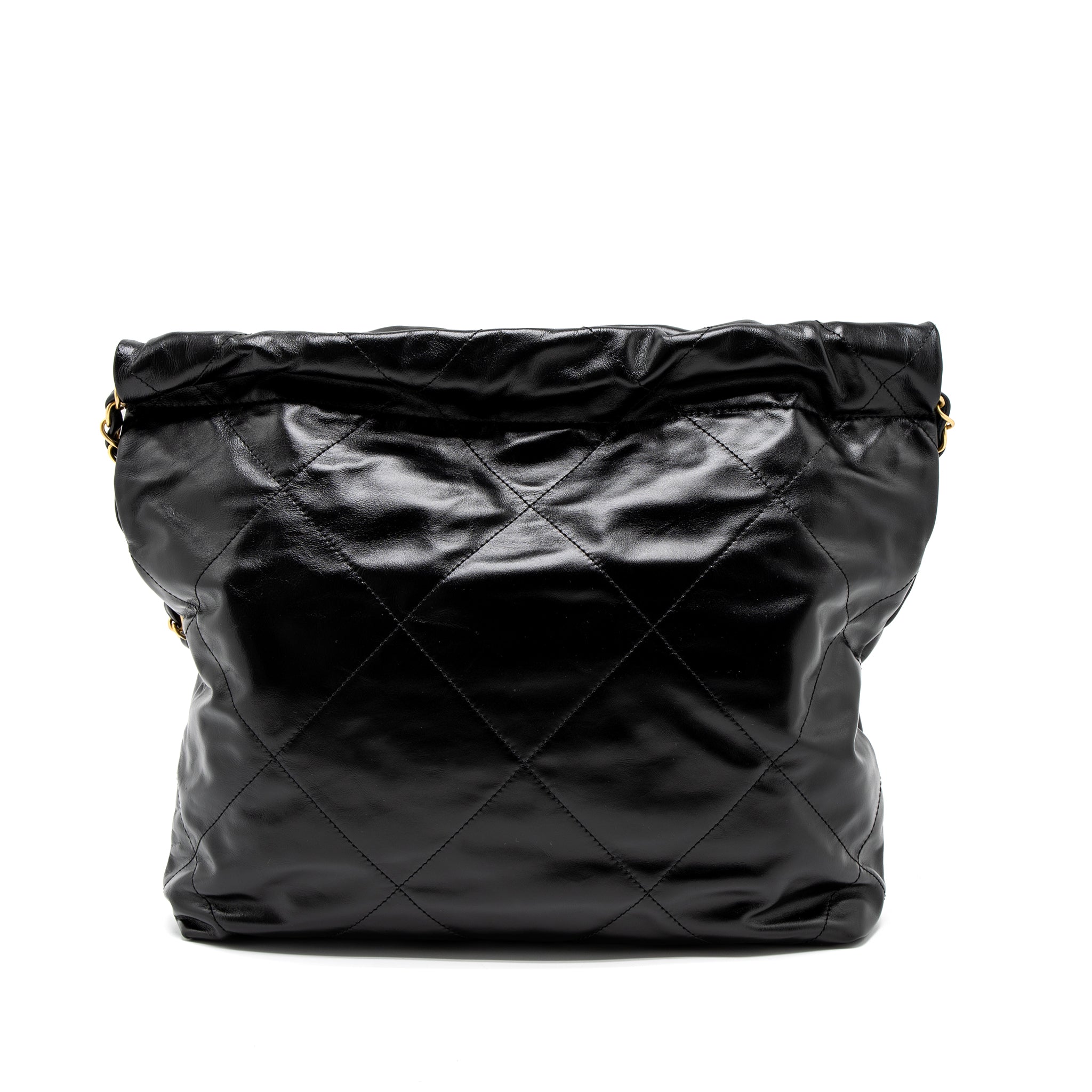 CHANEL SMALL 22 BAG GOLD LETTER SHINY CALFSKIN BLACK BRUSHED GHW (MICROCHIP)