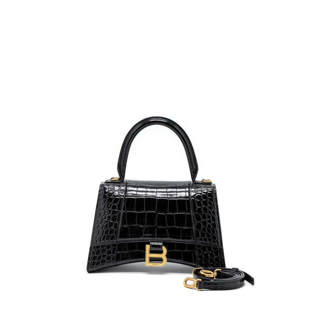 BALENCIAGA HOURGLASS SMALL HANDBAG CROC EMBOSSED CALFSKIN BLACK GHW