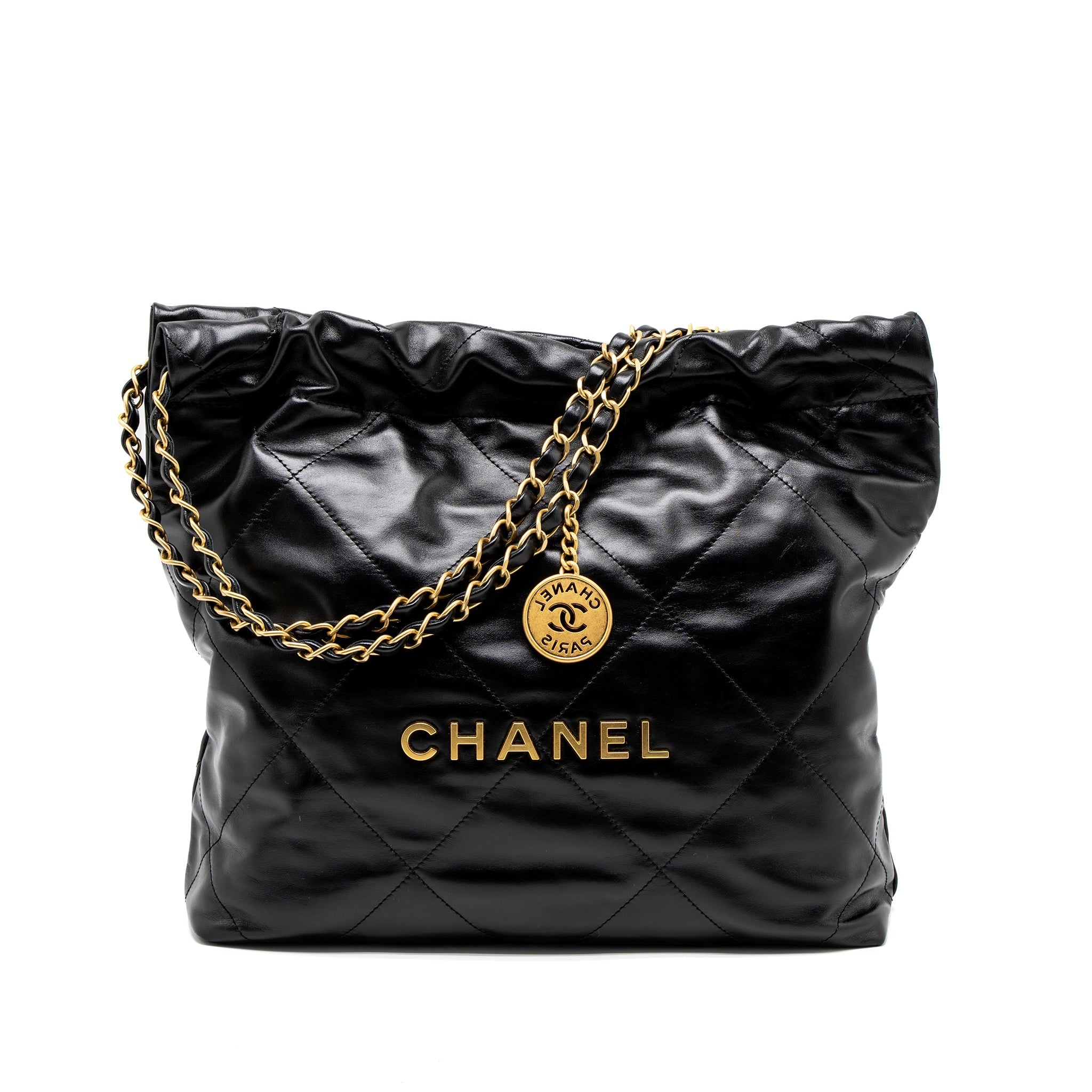 CHANEL SMALL 22 BAG GOLD LETTER SHINY CALFSKIN BLACK BRUSHED GHW (MICROCHIP)