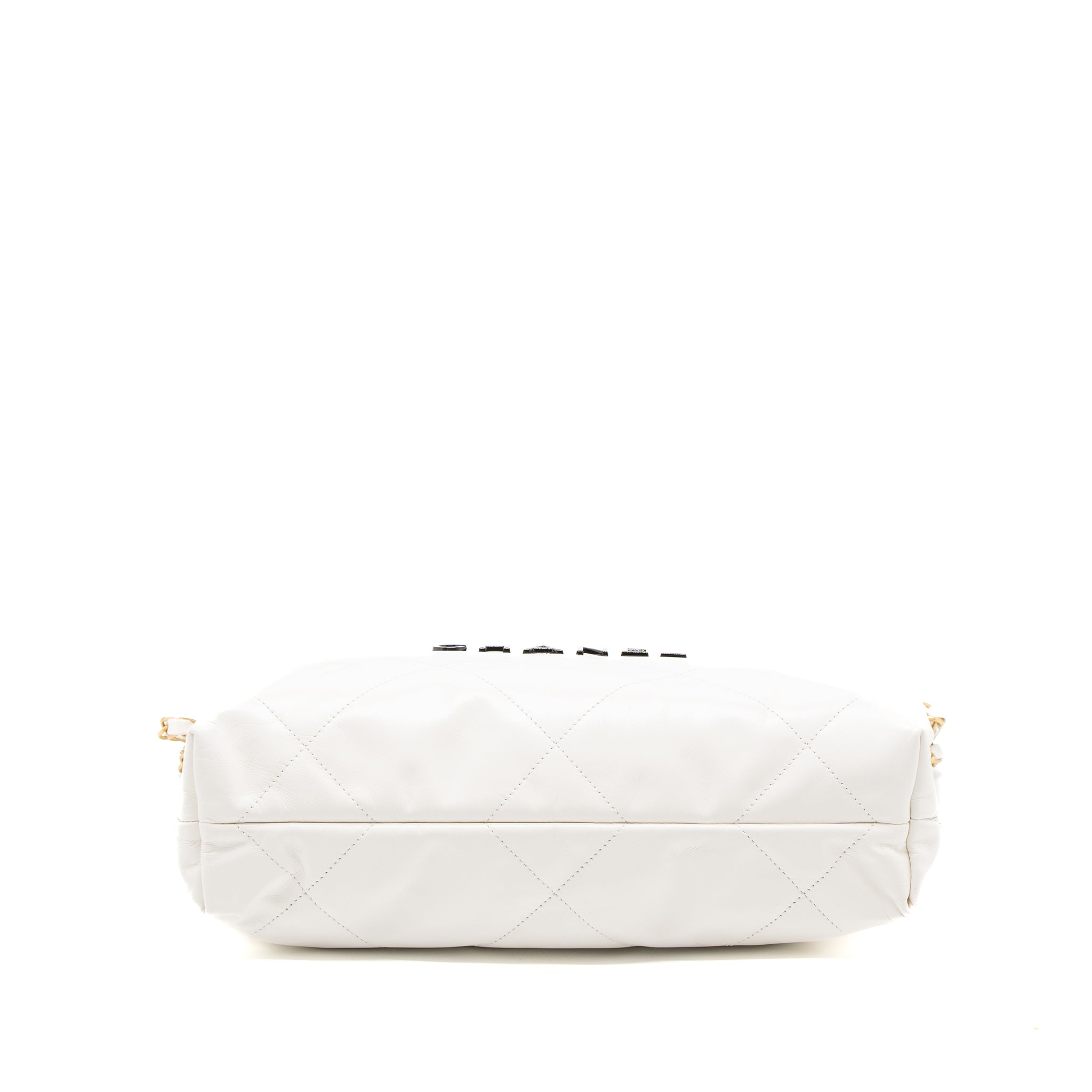 CHANEL SMALL 22 BAG BLACK LETTER SHINY CALFSKIN WHITE BRUSHED GHW (MICROCHIP)